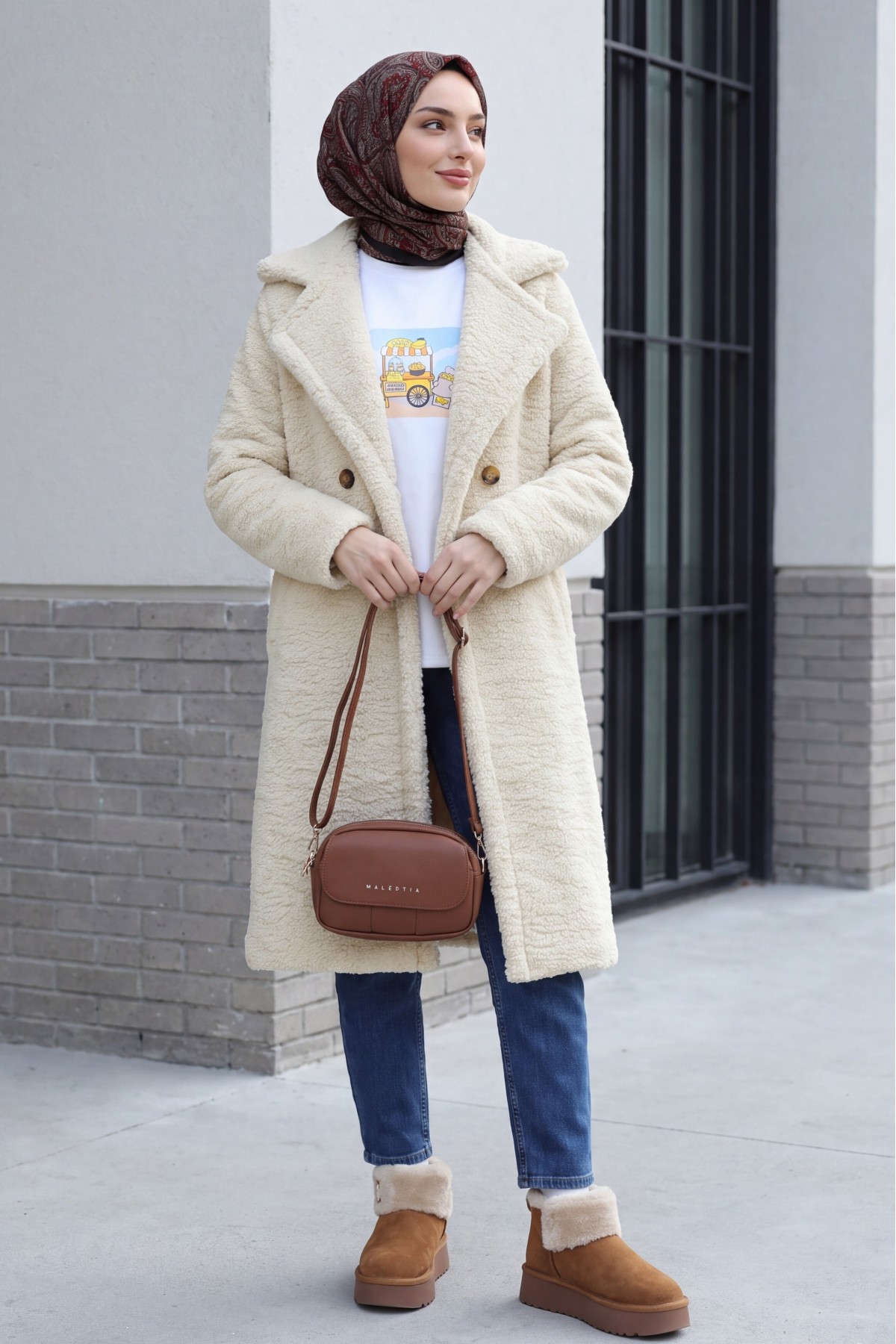 Double Buttoned Lined Plush Coat with Side Pockets -Light Mink