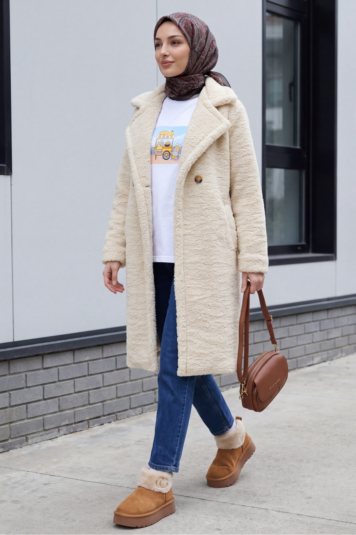 Double Buttoned Lined Plush Coat with Side Pockets -Light Mink