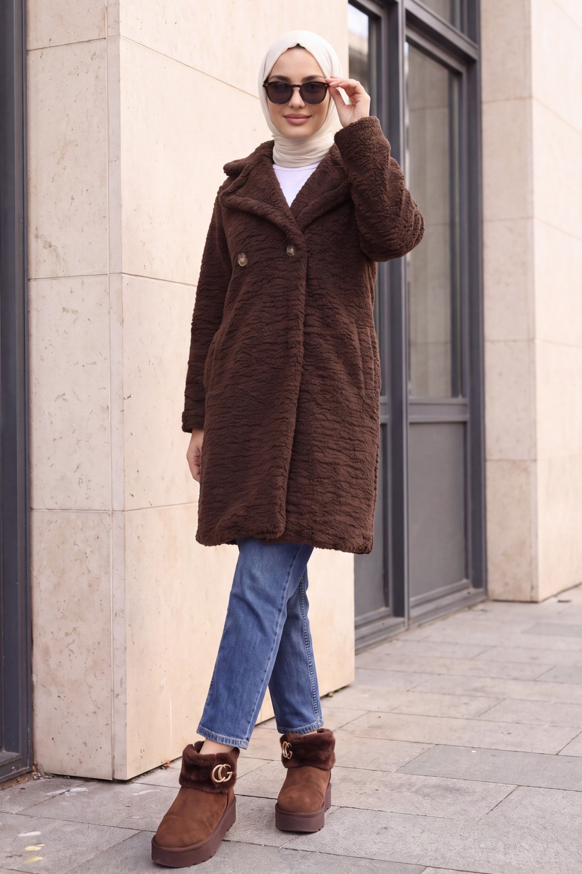 Double Buttoned Lined Plush Coat with Side Pockets   -Dark Coffee