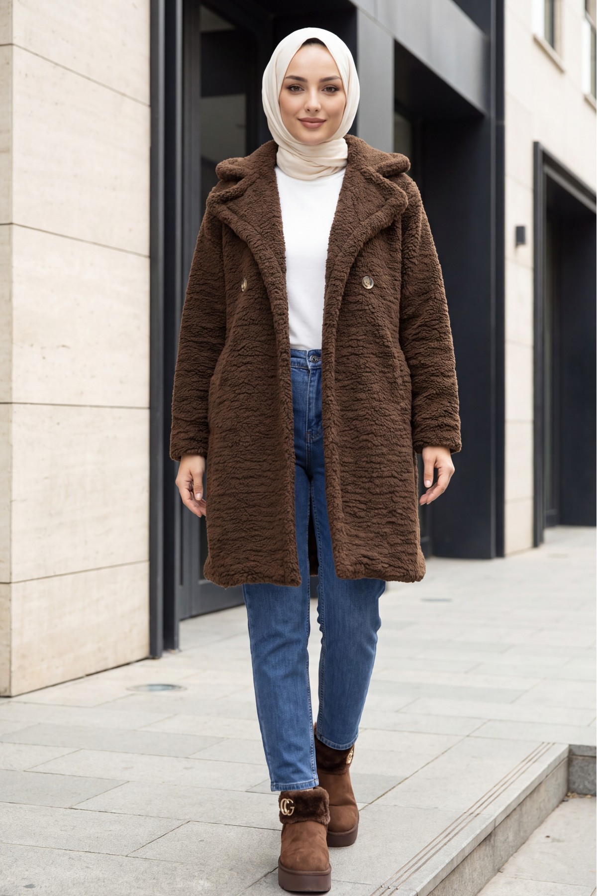 Double Buttoned Lined Plush Coat with Side Pockets   -Dark Coffee