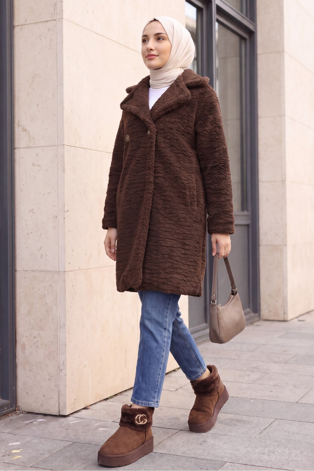 Double Buttoned Lined Plush Coat with Side Pockets   -Dark Coffee