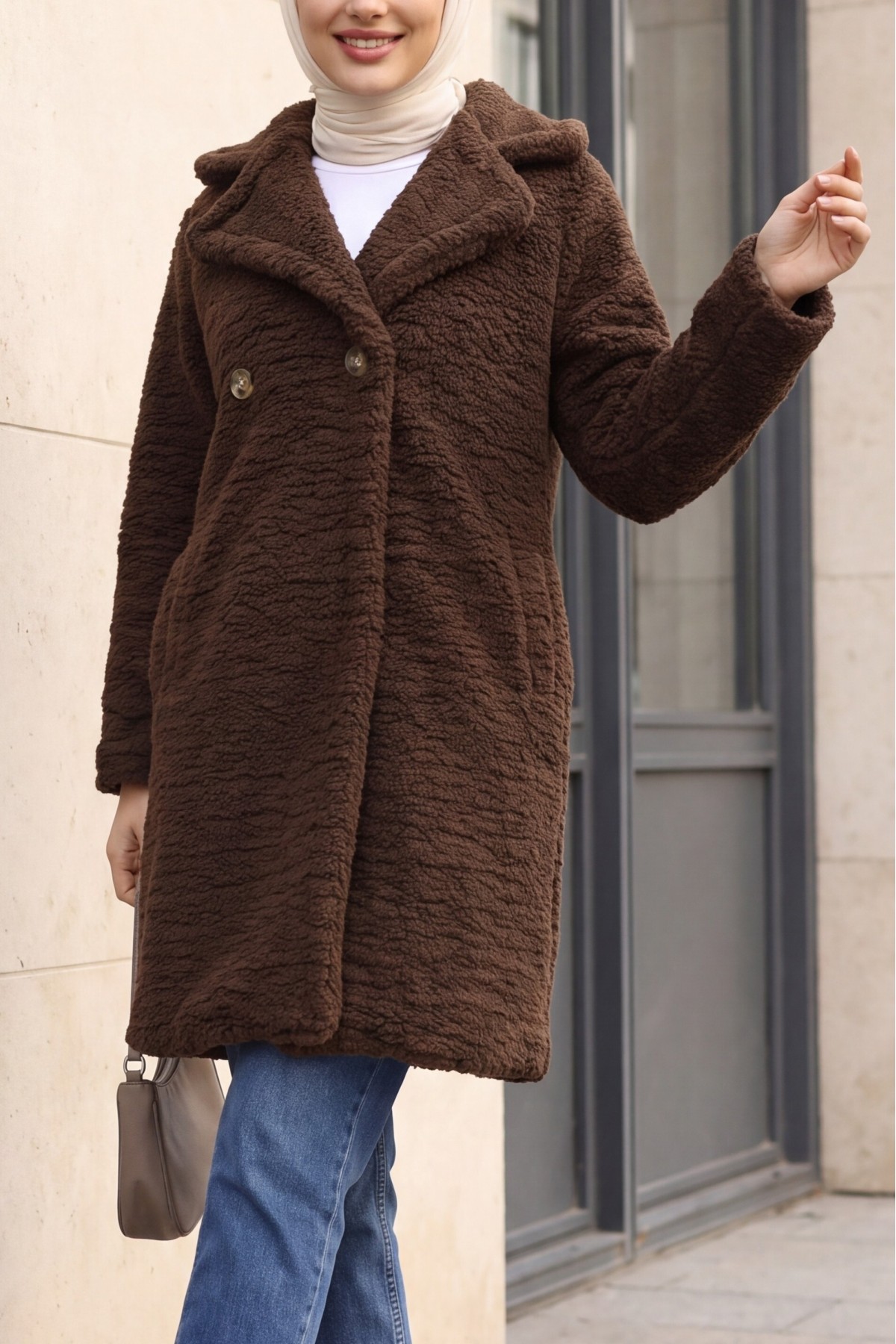 Double Buttoned Lined Plush Coat with Side Pockets   -Dark Coffee