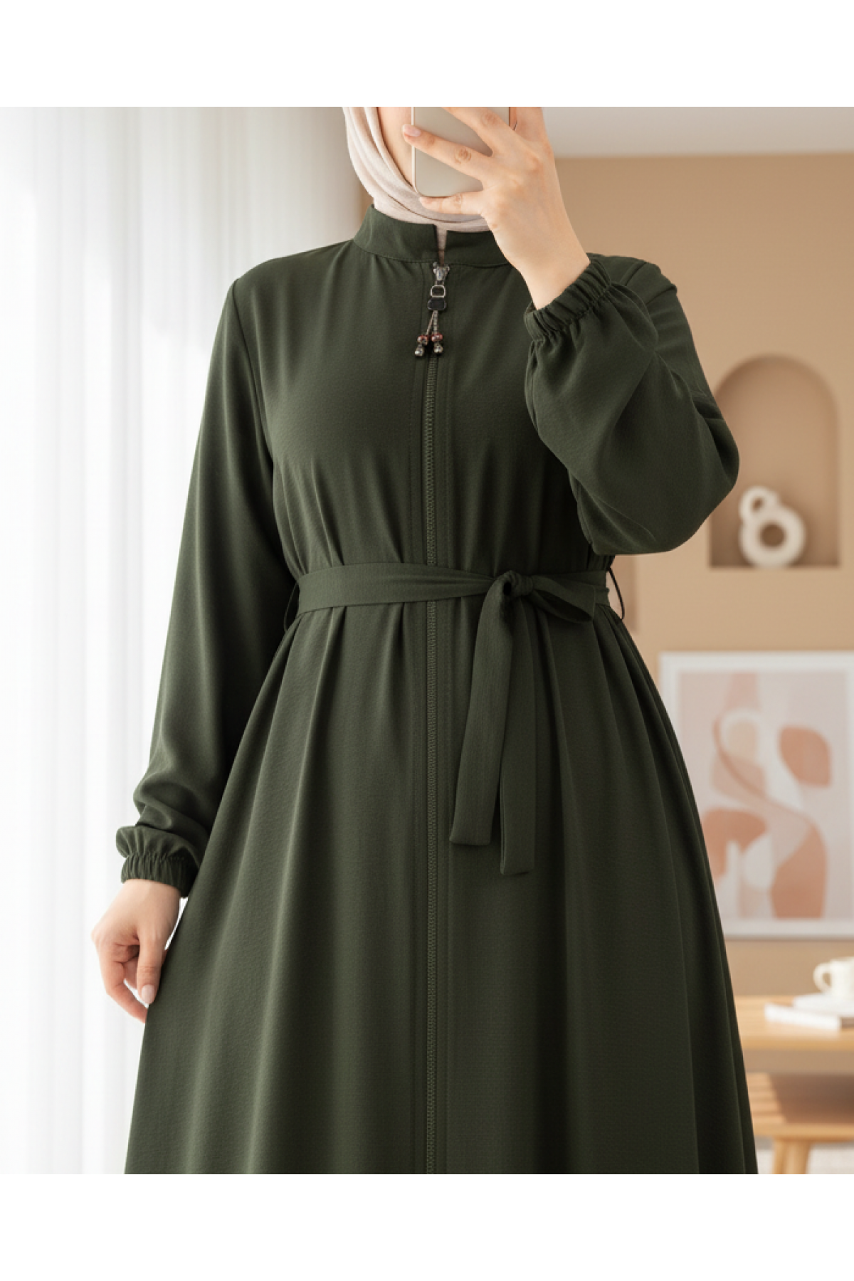 Abaya with Elasticated Sleeves and Waist Belt and Zipper from the Neck -Khaki