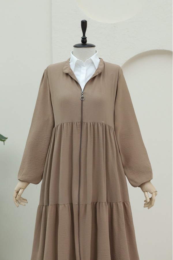 Ayrobin Abaya with Elasticated Sleeves and Zipper from the Neck -Mink color