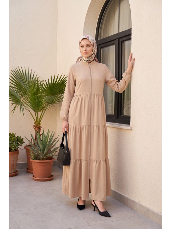 Ayrobin Abaya with Elasticated Sleeves and Zipper from the Neck  -Cinnamon