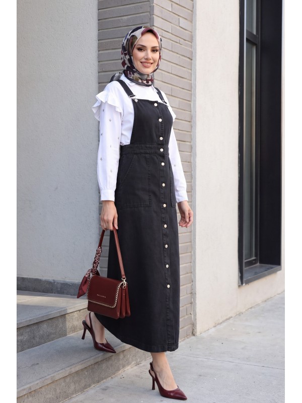 بنطلون جينز بجيب مزدوج فضفاض  -أسود