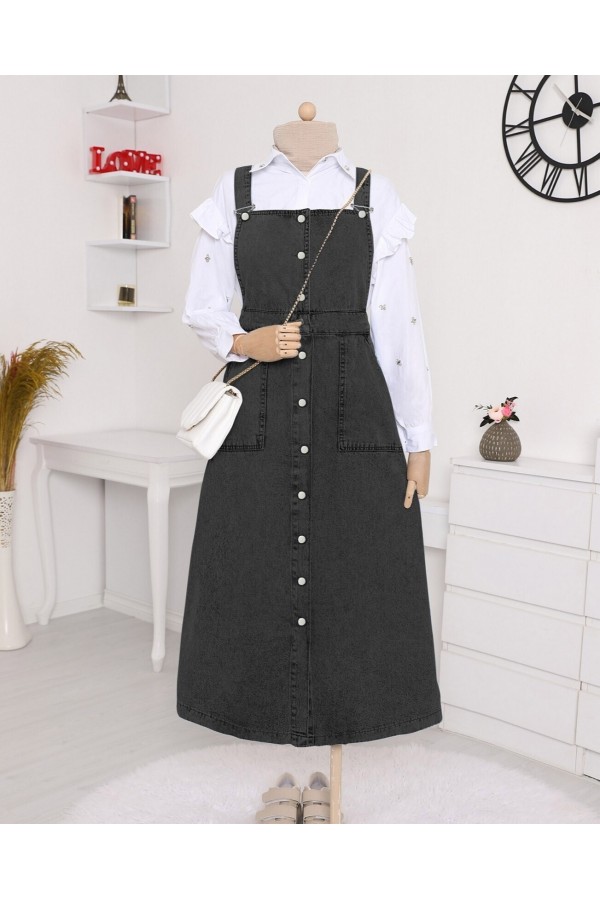 Button Down Double Pocket Jeans Loose  -Black