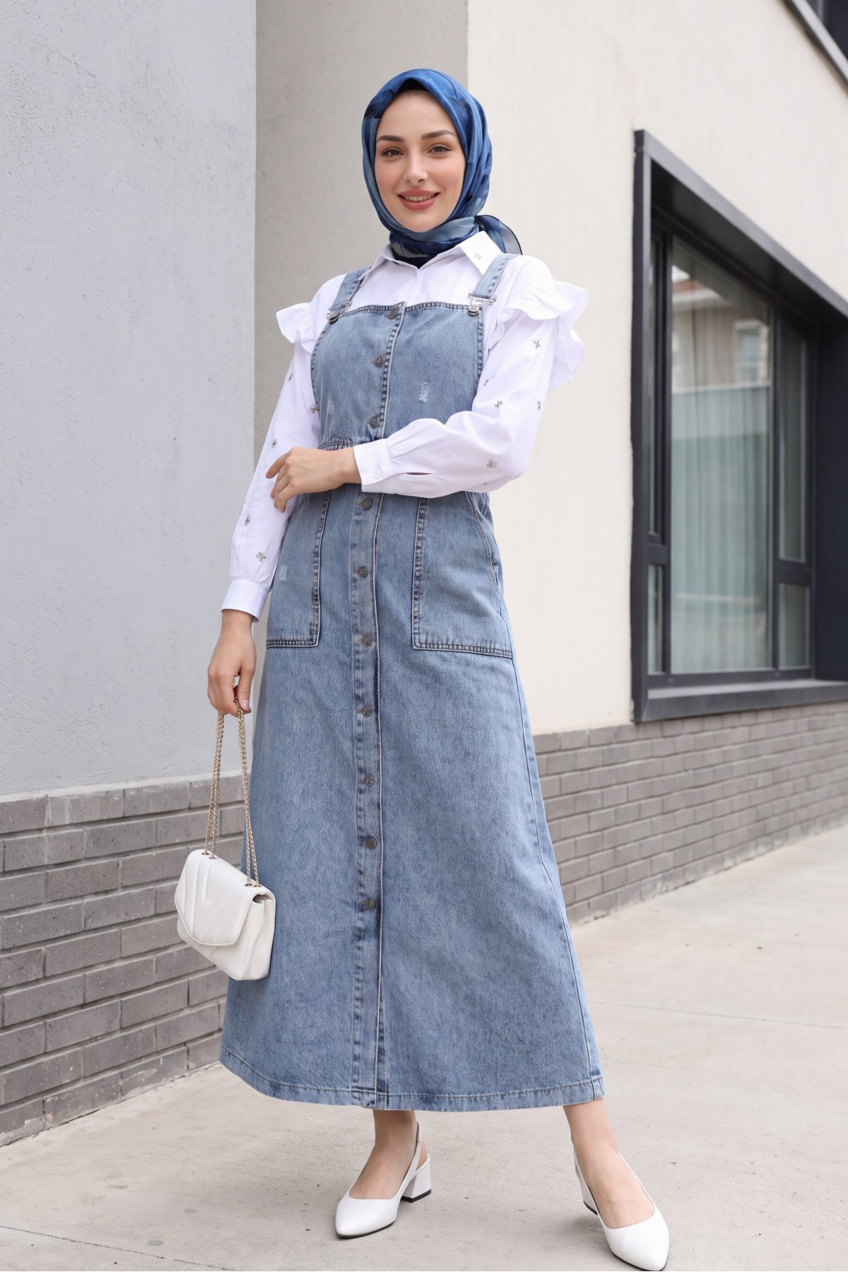 Button Down Double Pocket Jeans Loose -Ice Blue