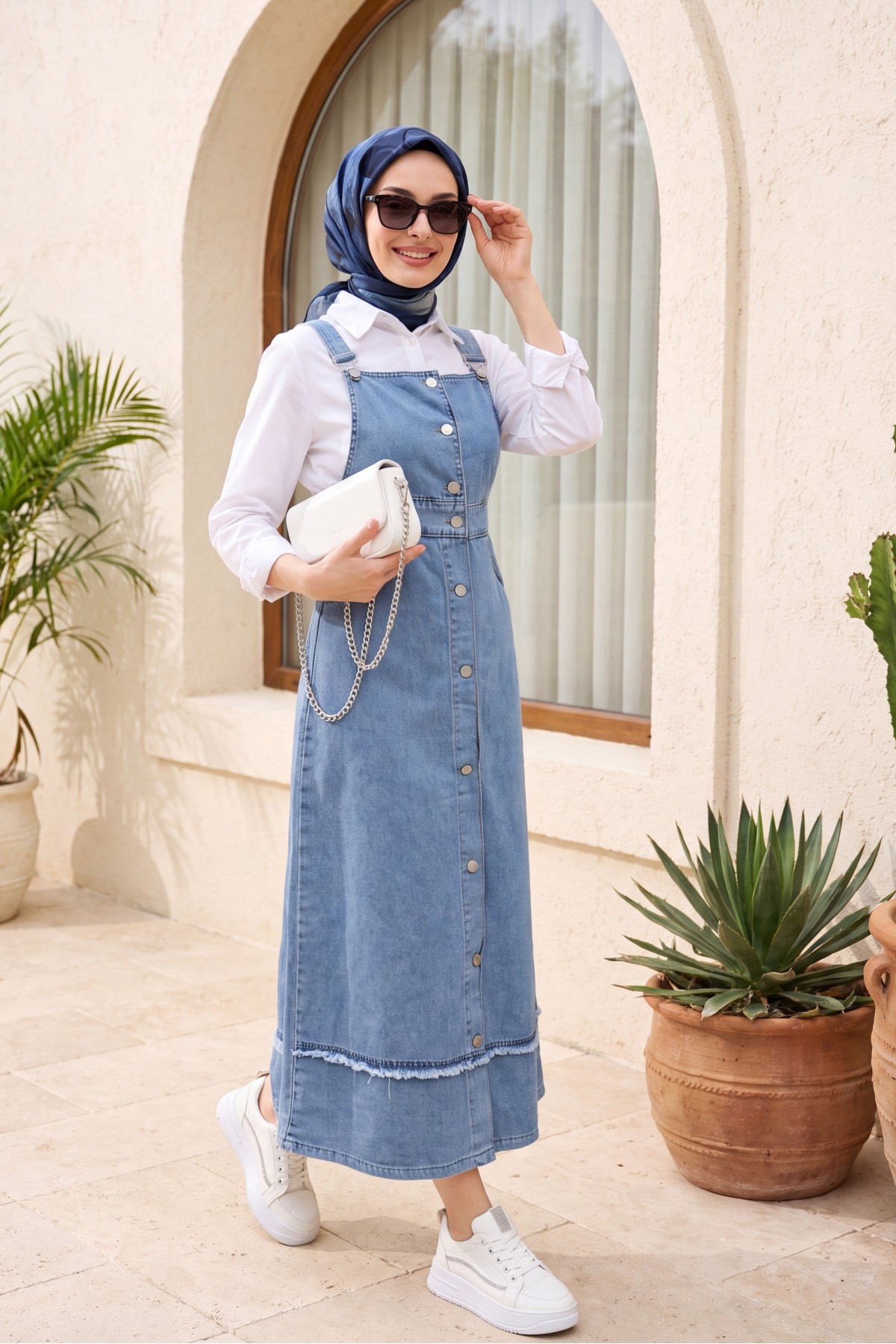 Denim Overalls with Tassel Detail on the Skirt and Buttoned Front and Pockets -Ice Blue