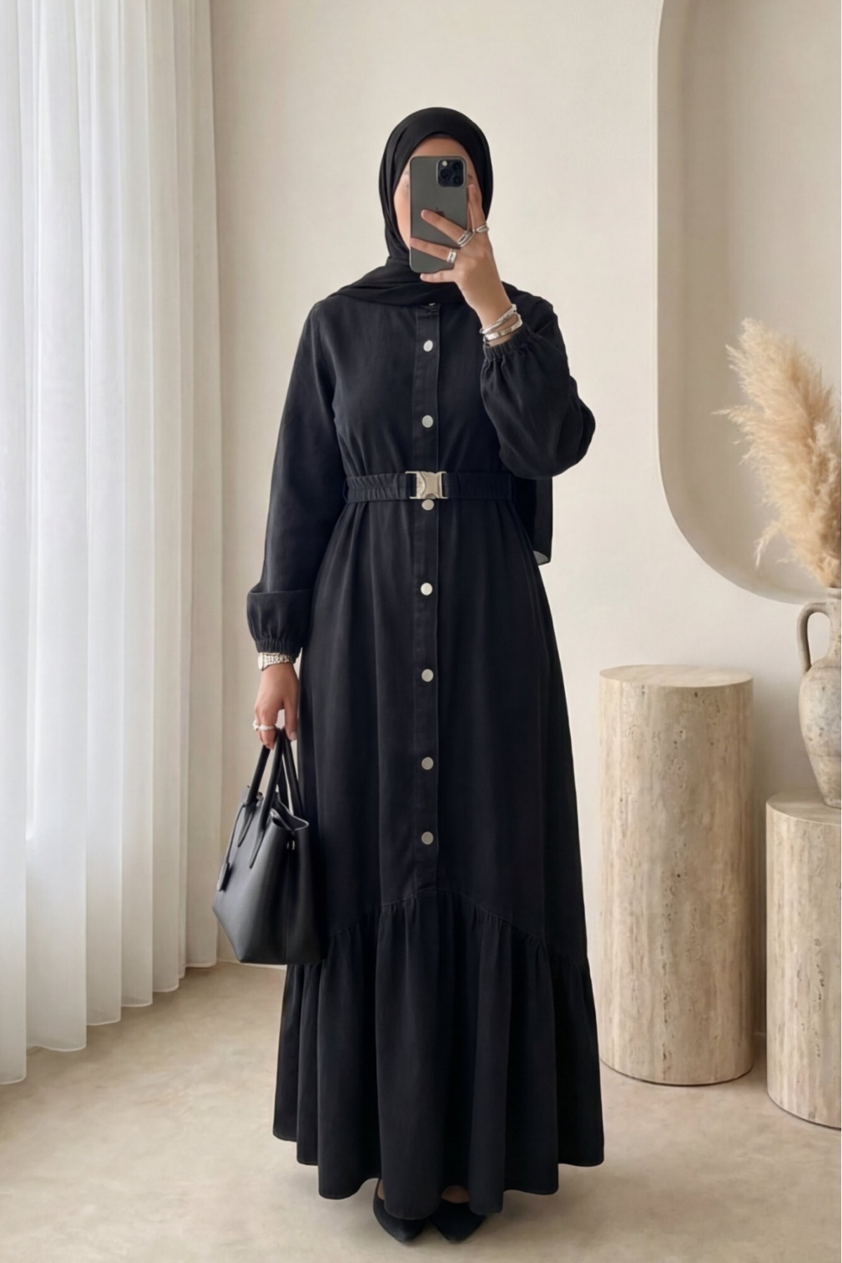 Lastik Kemerli Düğmeli Uzun Kot Elbise -Siyah