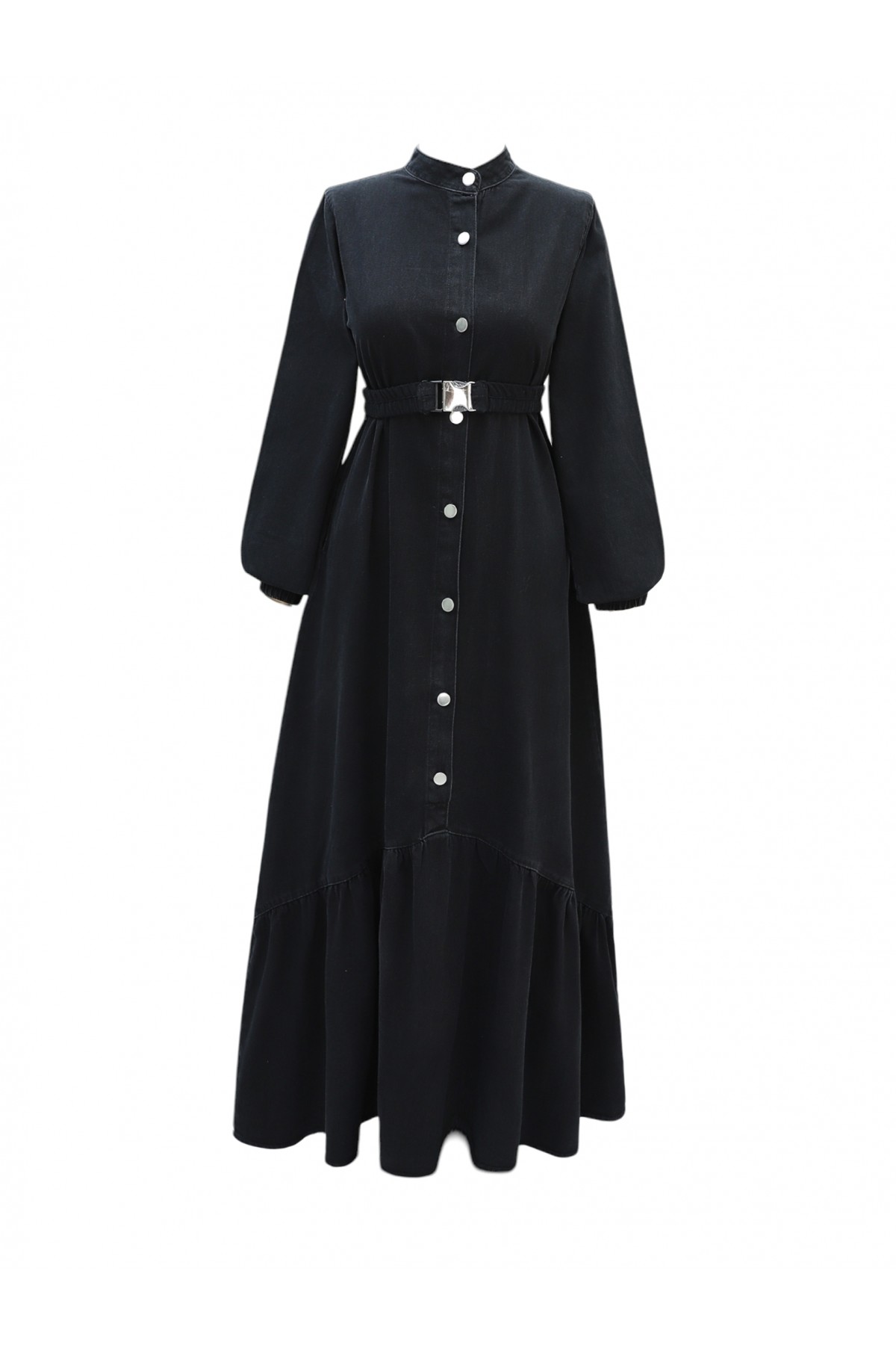 Lastik Kemerli Düğmeli Uzun Kot Elbise -Siyah