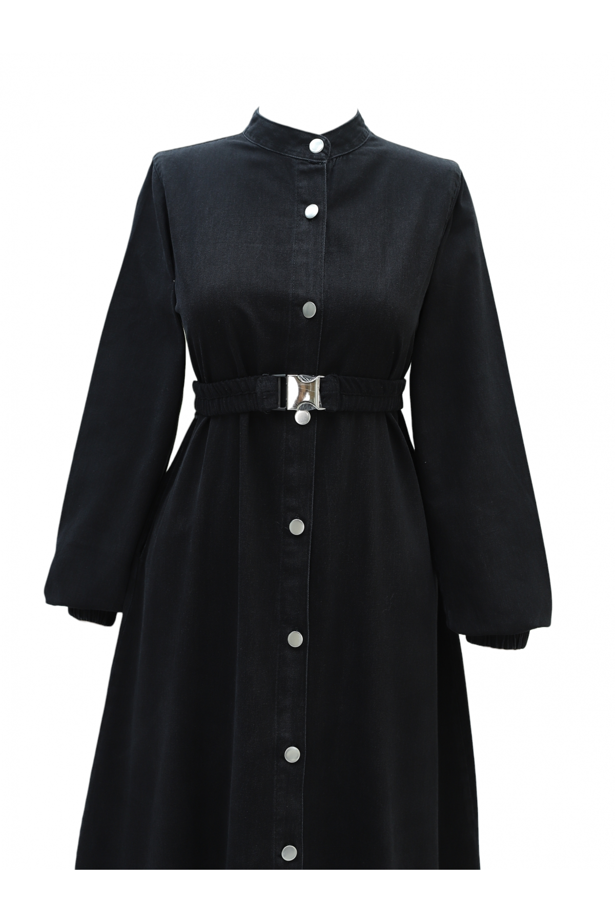 Lastik Kemerli Düğmeli Uzun Kot Elbise -Siyah