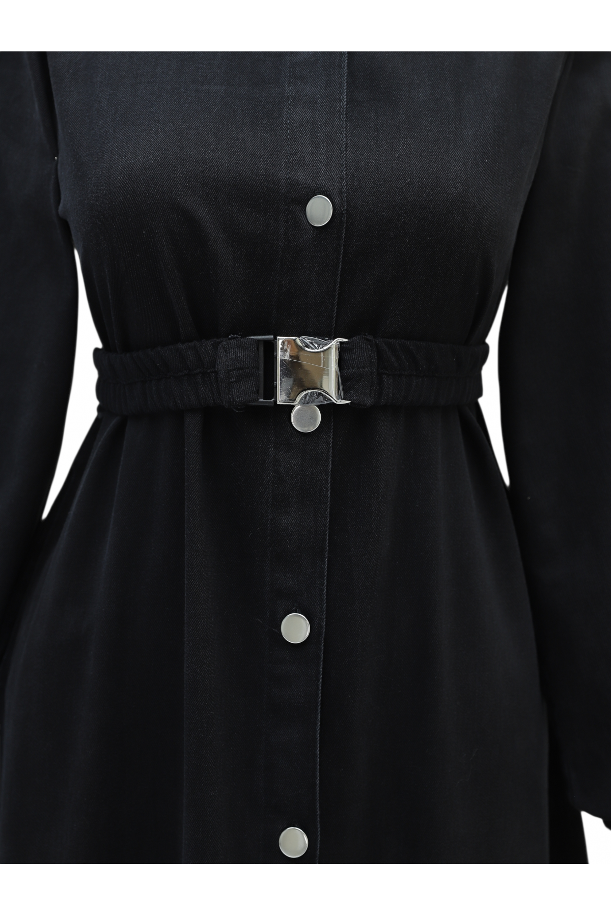 Lastik Kemerli Düğmeli Uzun Kot Elbise -Siyah