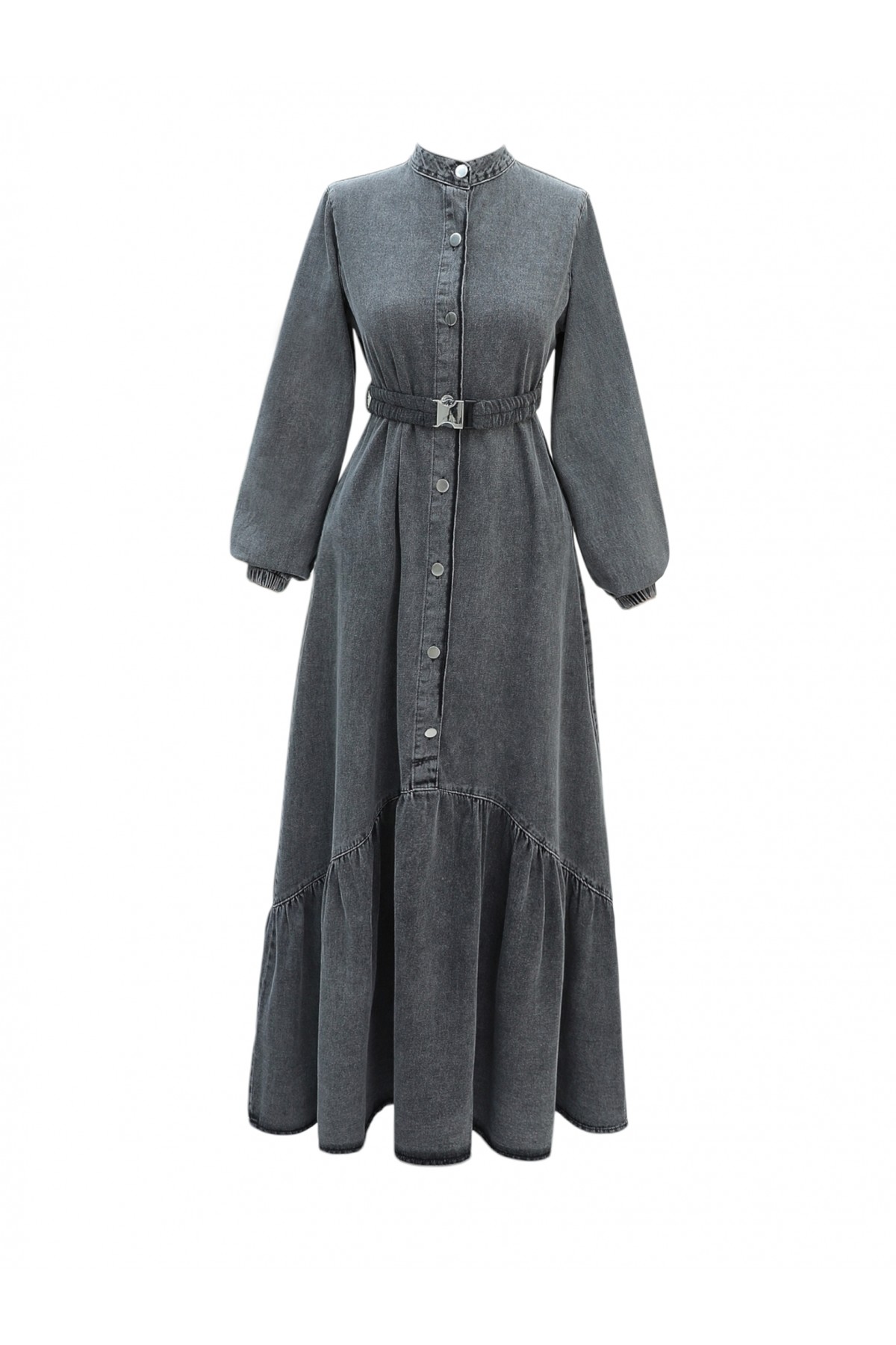 Lastik Kemerli Düğmeli Uzun Kot Elbise -Füme