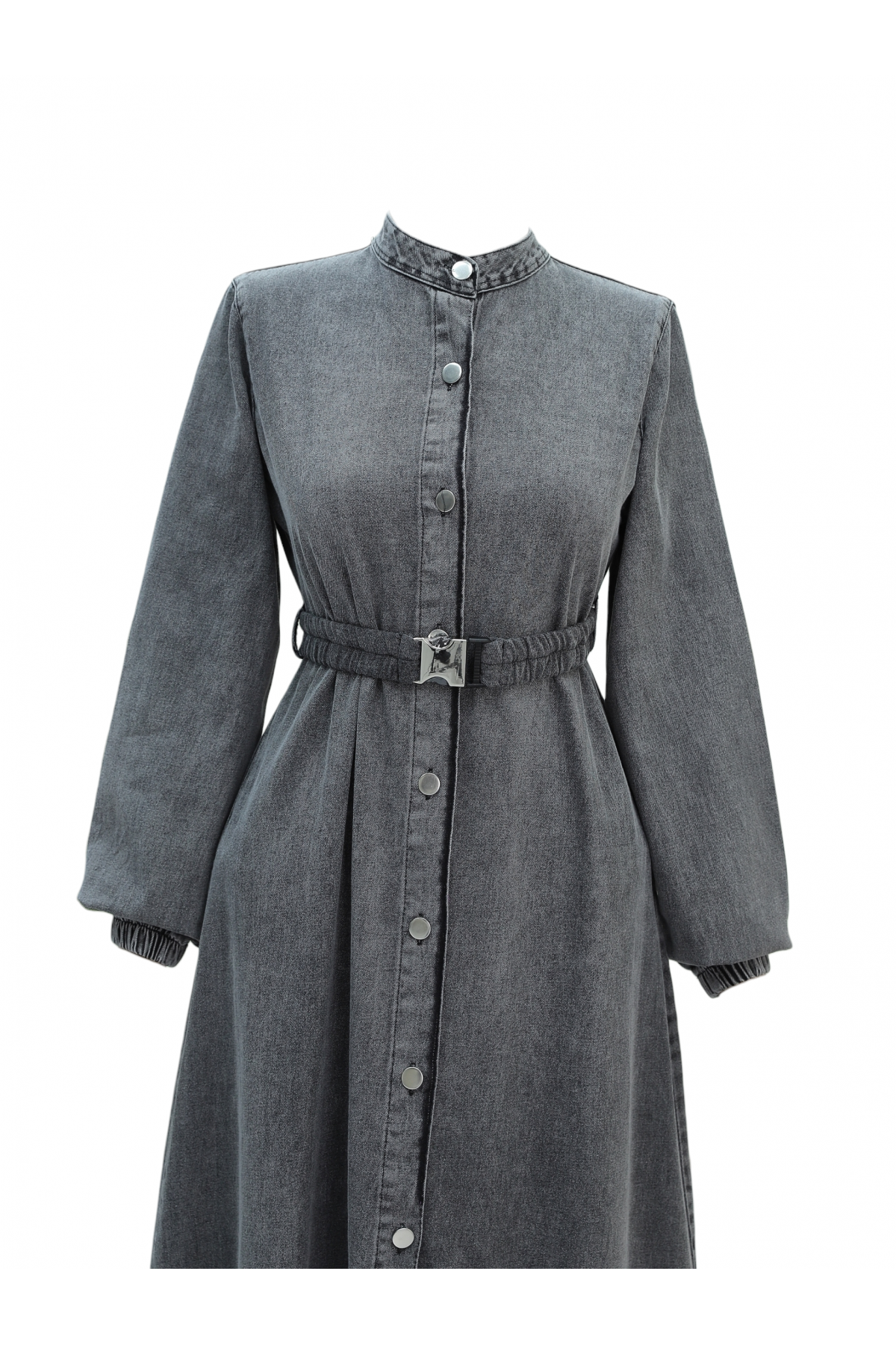 Lastik Kemerli Düğmeli Uzun Kot Elbise -Füme