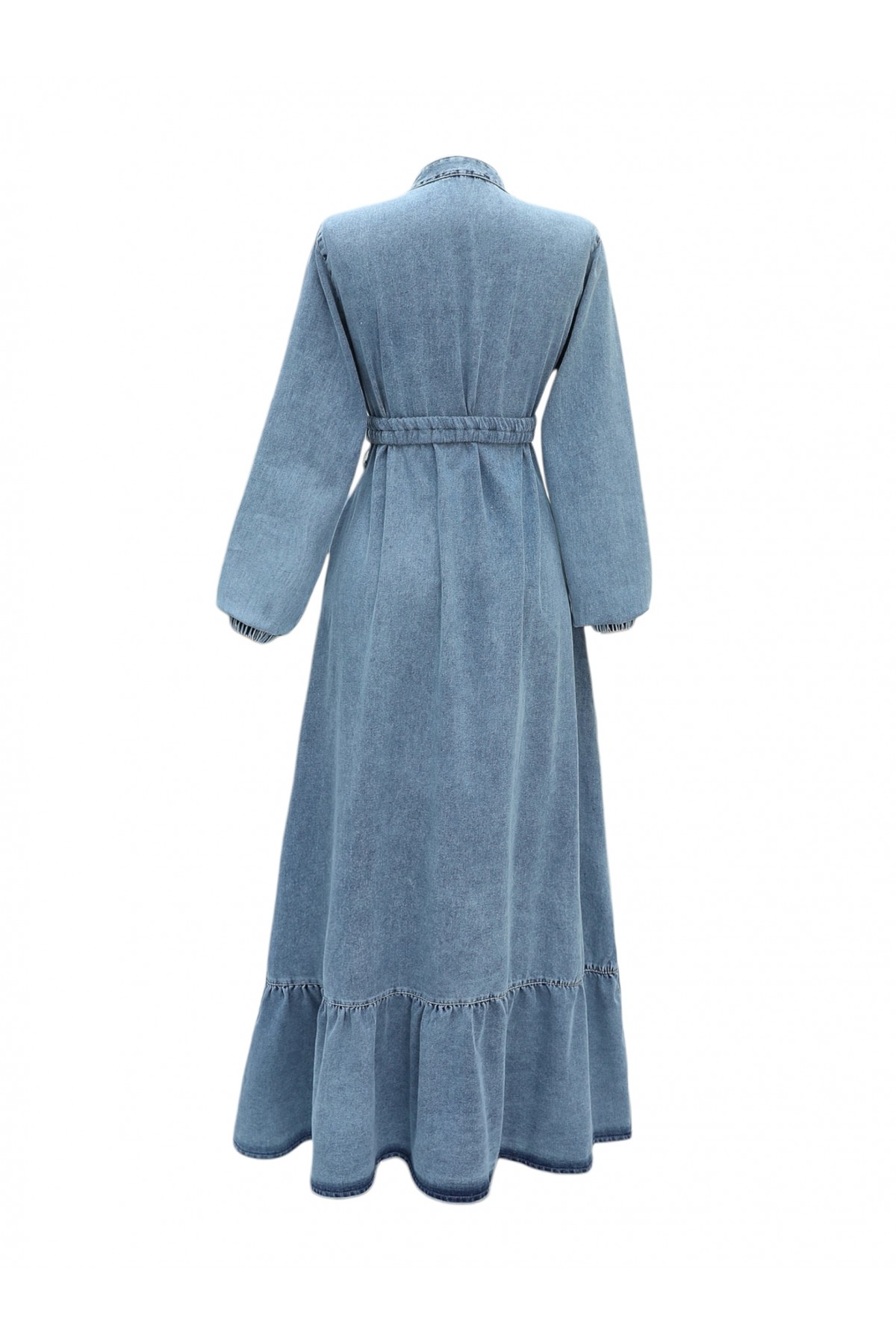 Lastik Kemerli Düğmeli Uzun Kot Elbise -Buz Mavi