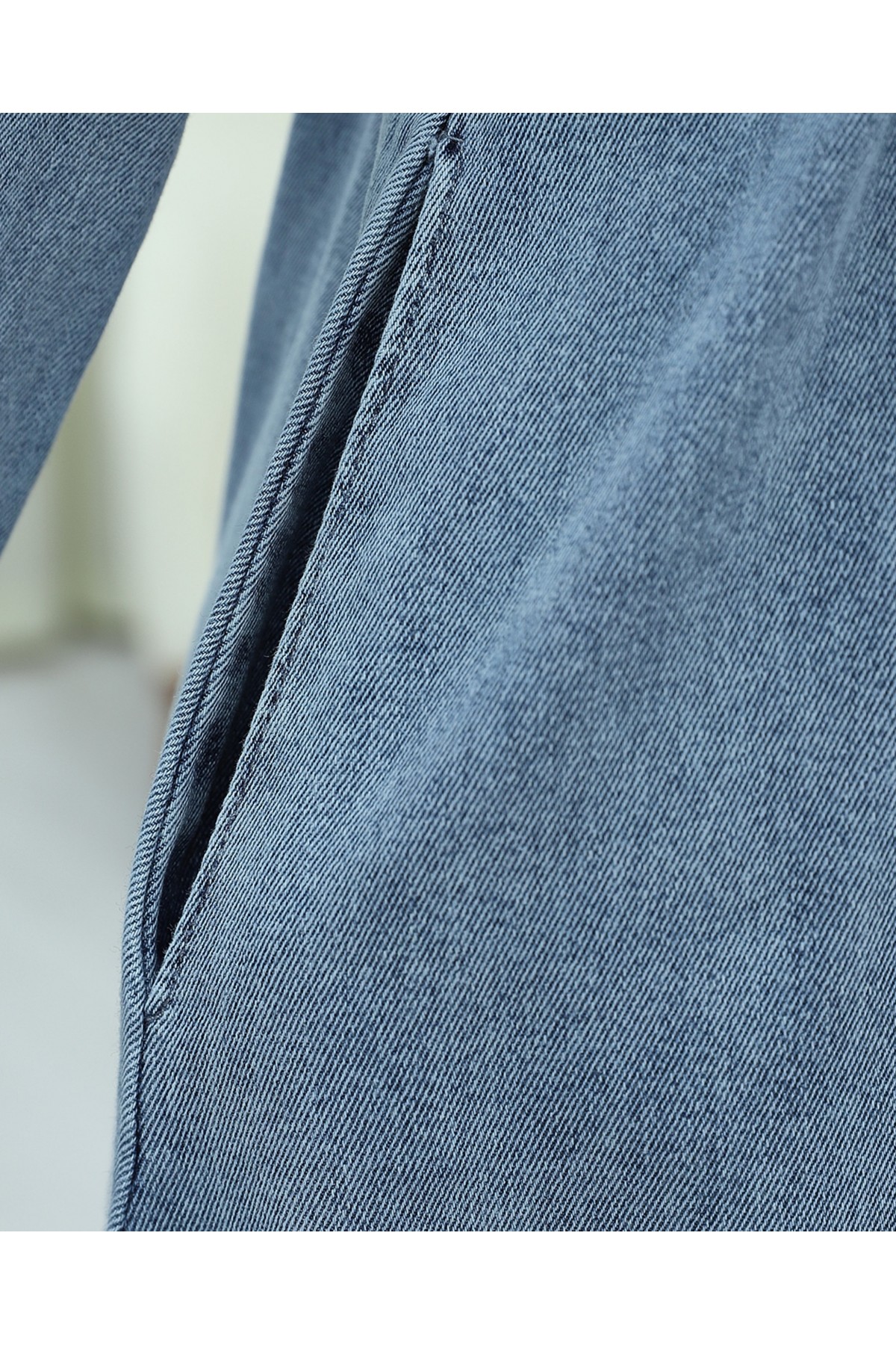 Lastik Kemerli Düğmeli Uzun Kot Elbise -Buz Mavi