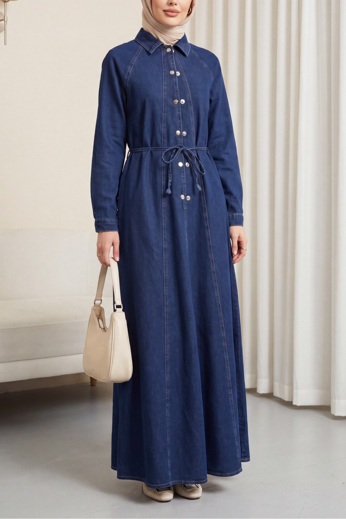 Shirt Collar Belted Half-Button Long Denim Dress -Navy blue