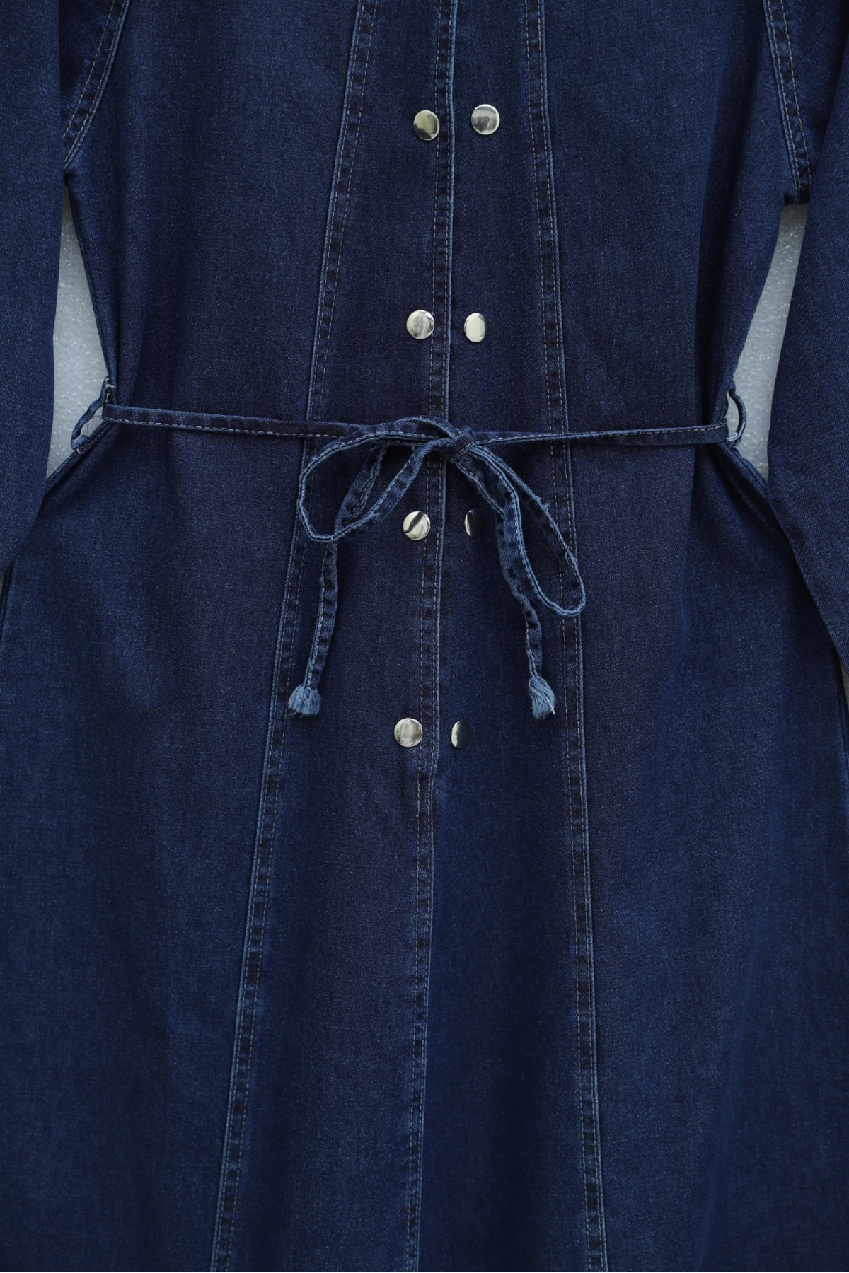 Shirt Collar Belted Half-Button Long Denim Dress -Navy blue