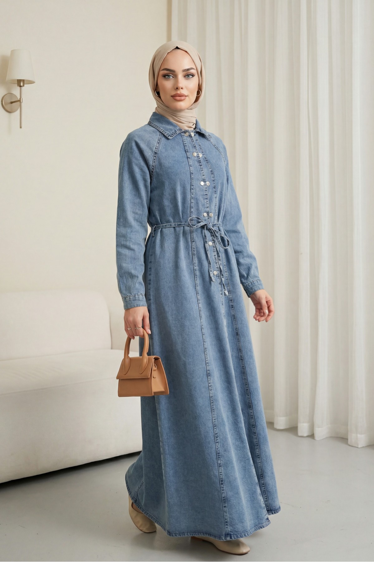 Shirt Collar Belted Half-Button Long Denim Dress -Ice Blue