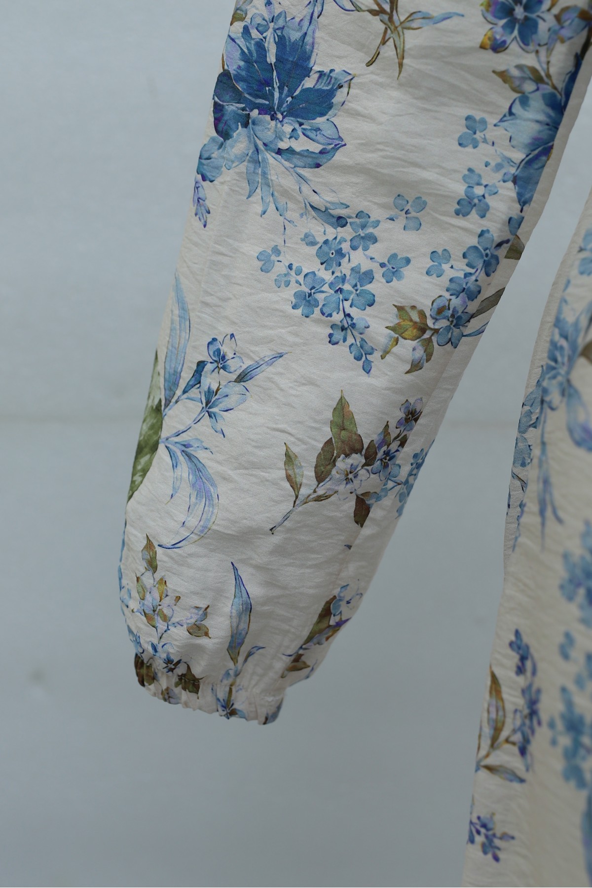 Mandarin Collar Half-Button Mixed Patterned Polycotton Dress with Elasticated Sleeves -İndigo