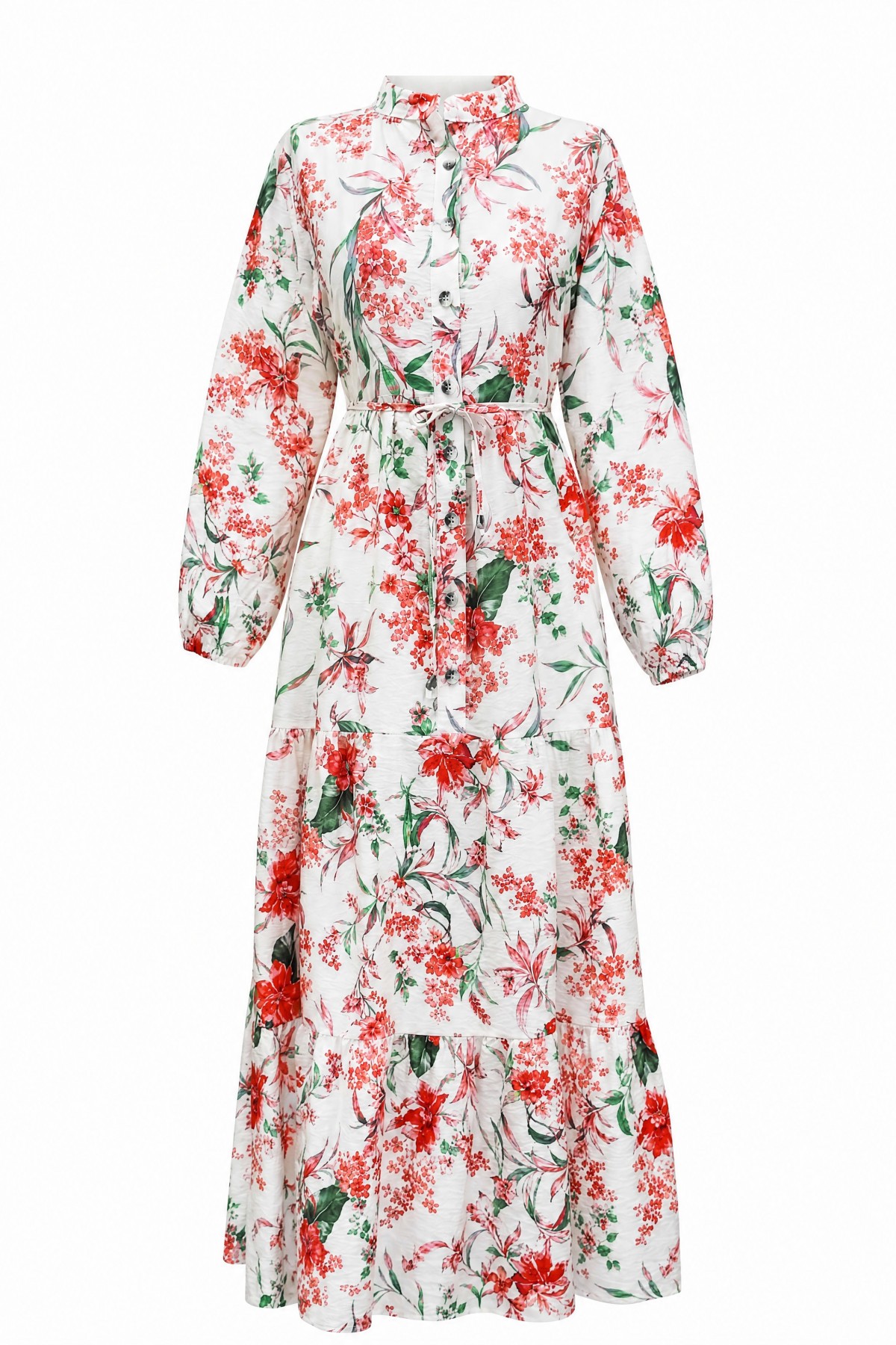 Mandarin Collar Half-Button Mixed Patterned Polycotton Dress with Elasticated Sleeves -Garnet Color