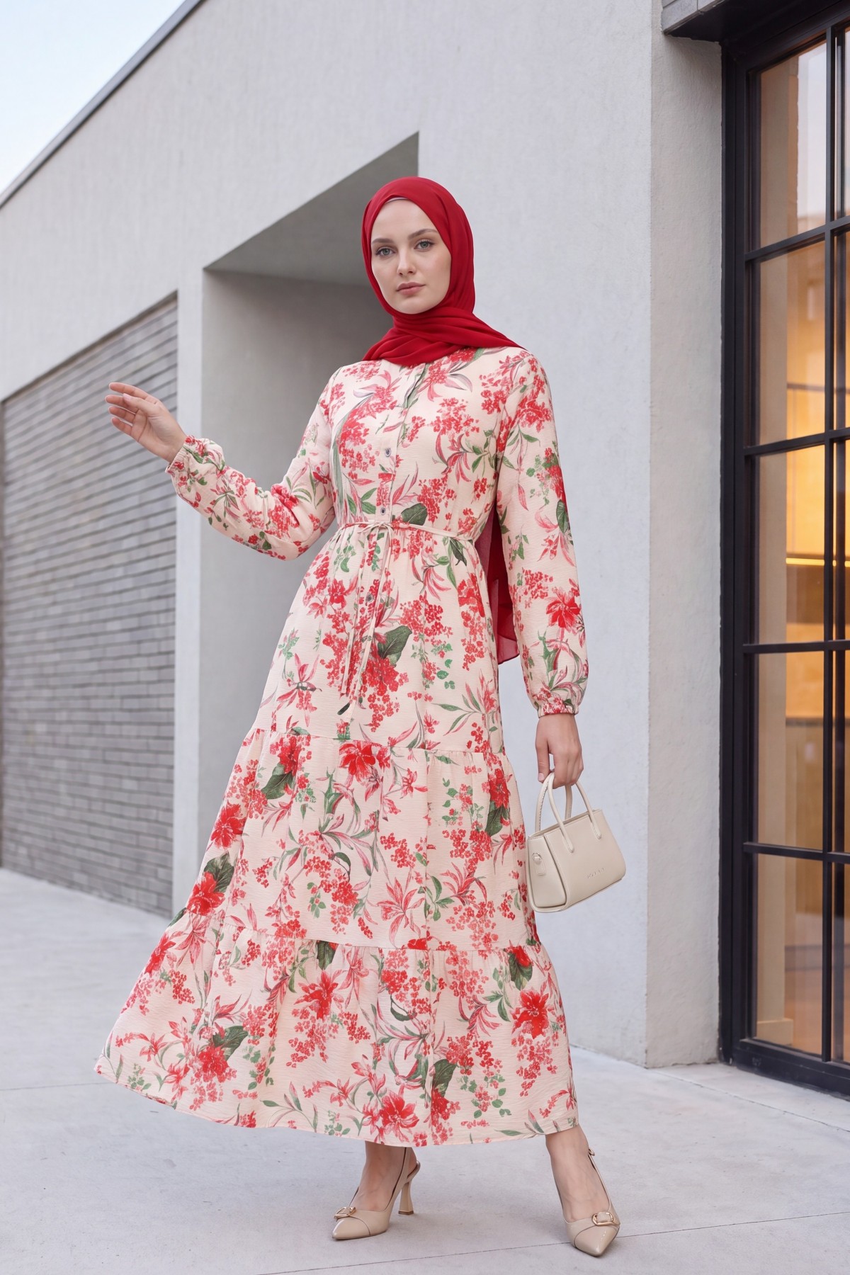 Mandarin Collar Half-Button Mixed Patterned Polycotton Dress with Elasticated Sleeves -Garnet Color