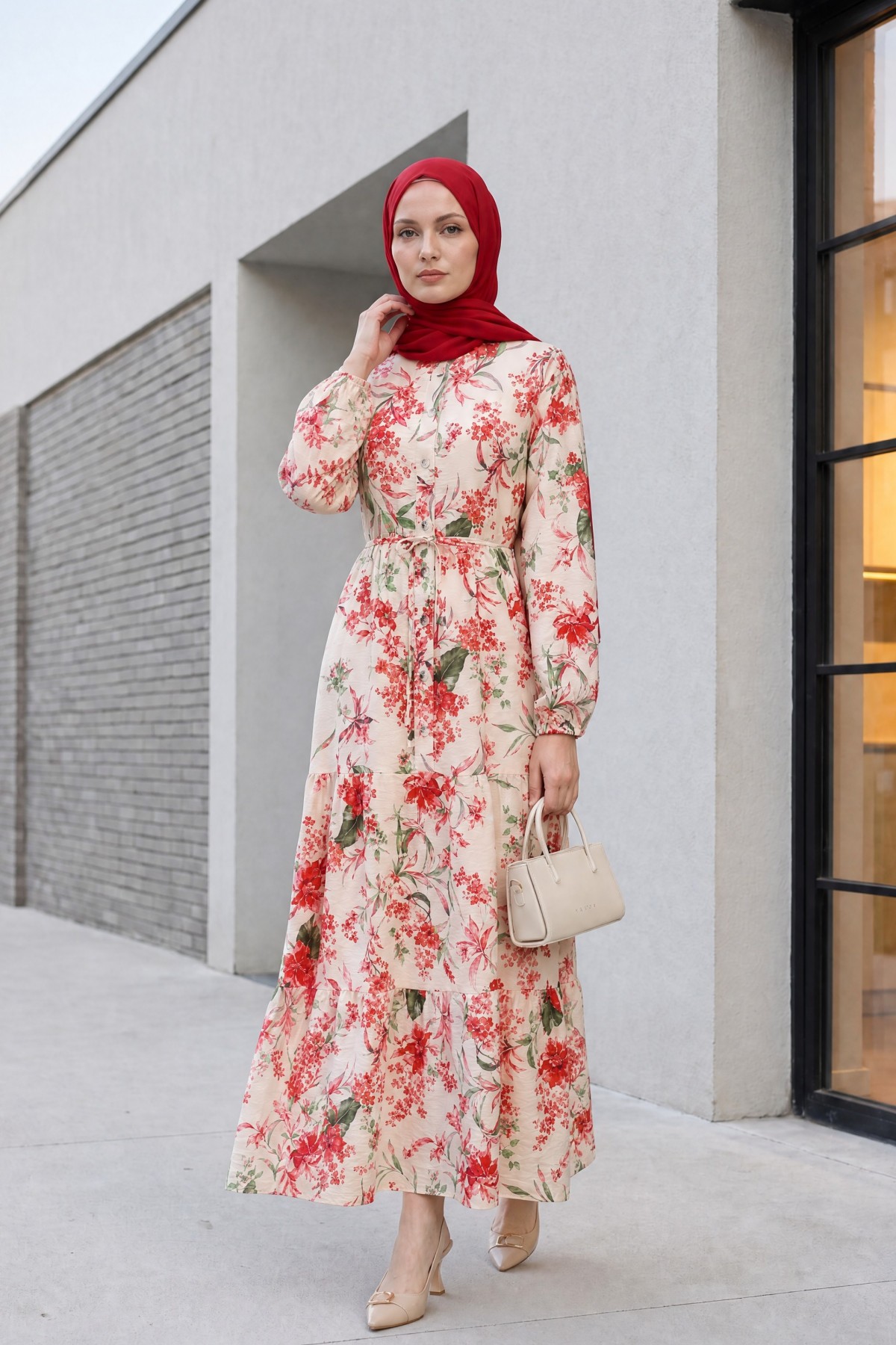 Mandarin Collar Half-Button Mixed Patterned Polycotton Dress with Elasticated Sleeves -Garnet Color
