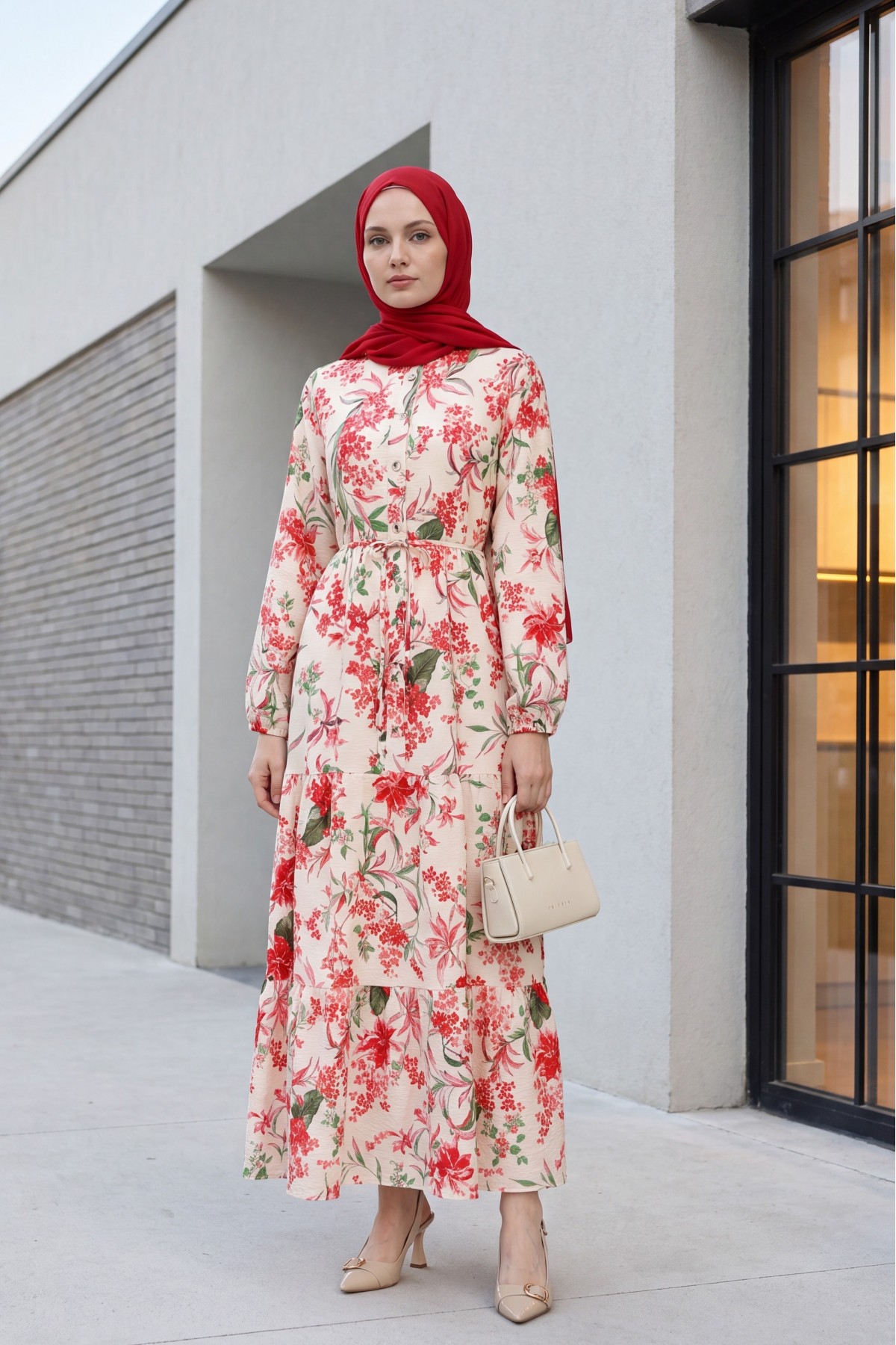 Mandarin Collar Half-Button Mixed Patterned Polycotton Dress with Elasticated Sleeves -Garnet Color