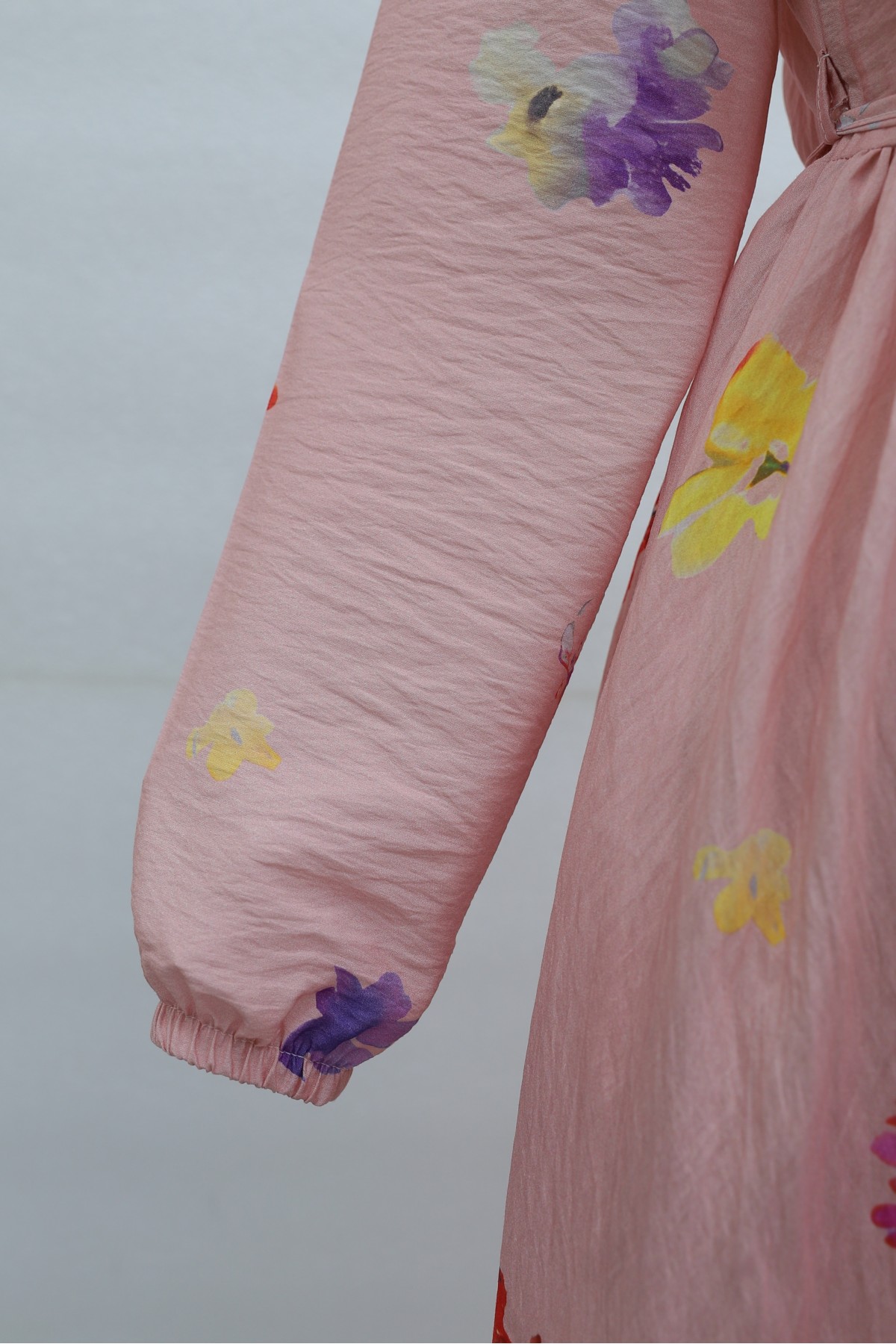 Floral Patterned Polycotton Dress with Elasticated Sleeves, Half Button Closure and Belt  -Powder