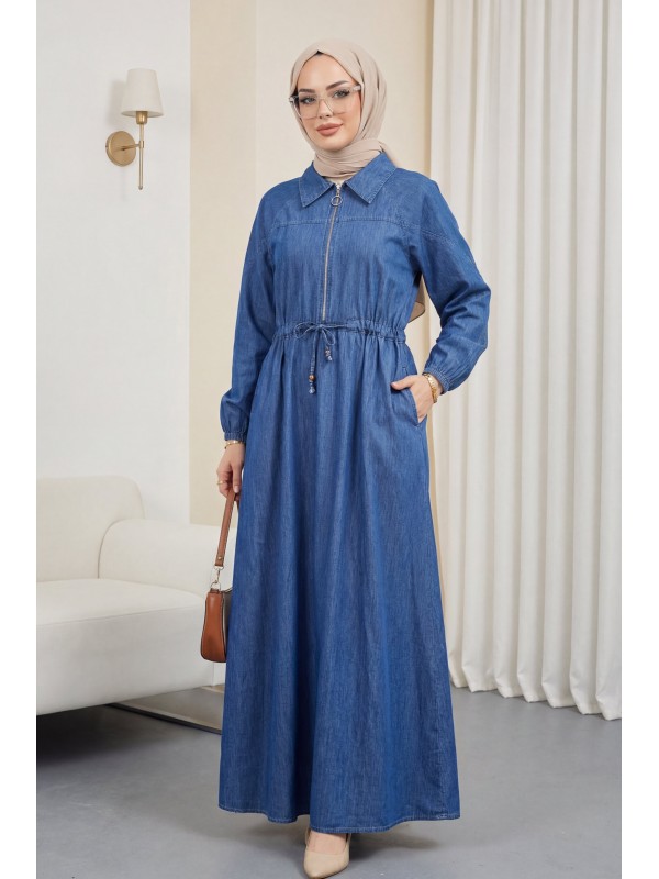 Yarım Fermuarlı Tünel Bağcıklı Cepli Tensel Kot Elbise -İndigo