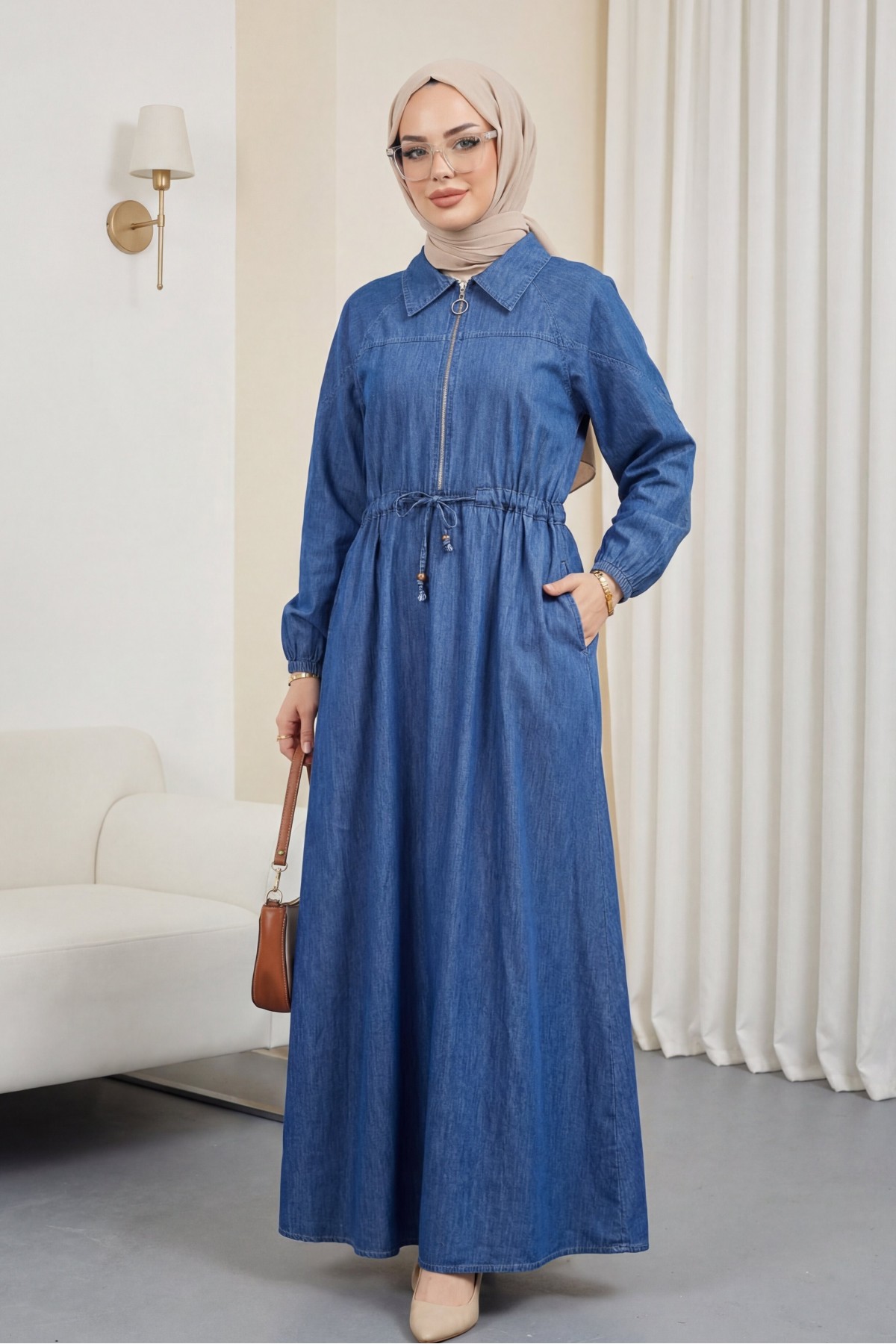 Yarım Fermuarlı Tünel Bağcıklı Cepli Tensel Kot Elbise -İndigo