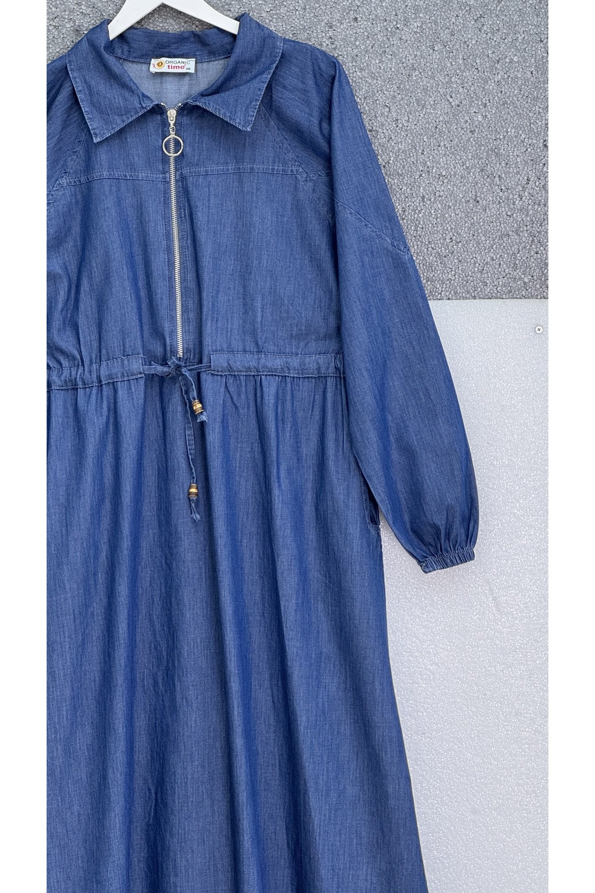 Yarım Fermuarlı Tünel Bağcıklı Cepli Tensel Kot Elbise -İndigo