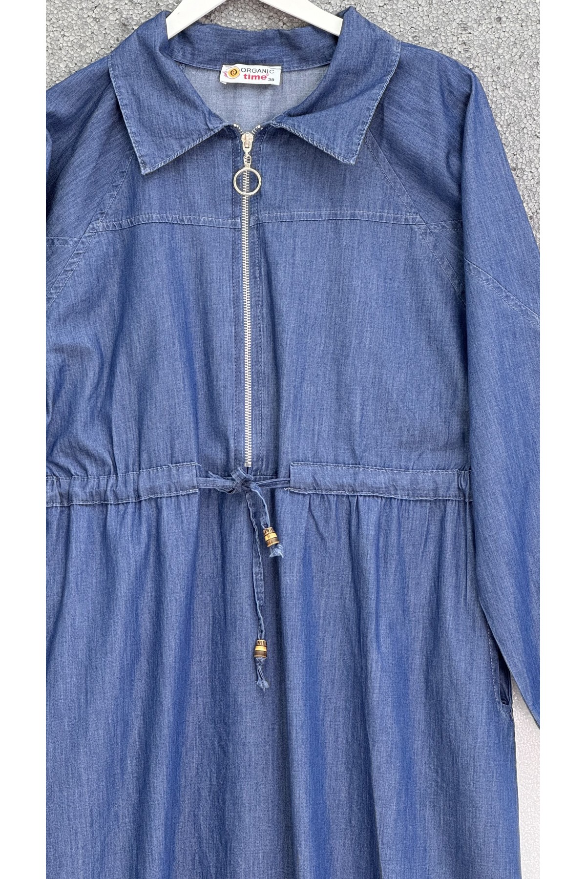 Yarım Fermuarlı Tünel Bağcıklı Cepli Tensel Kot Elbise -İndigo