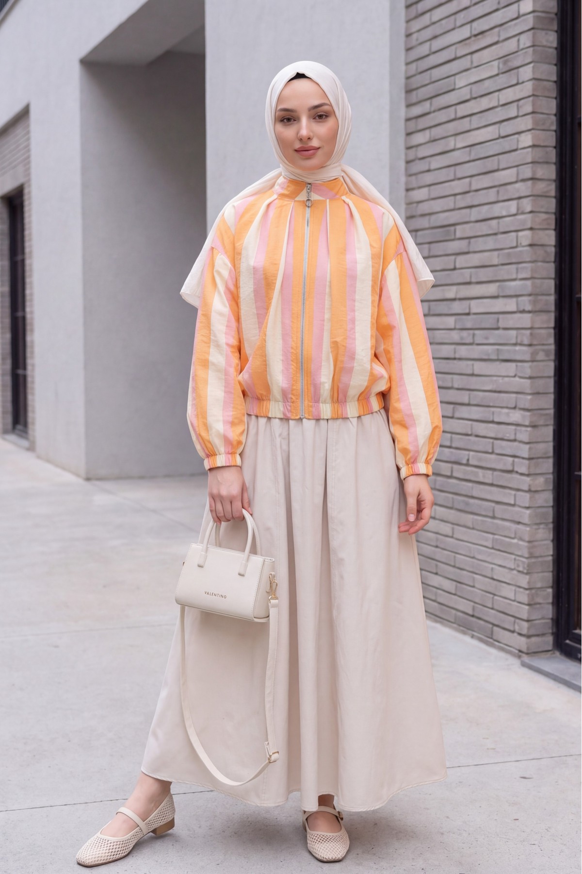 Patterned Summer Jacket with Elasticated Cuffs and Waist, Pockets and Zipper Closure -Orange