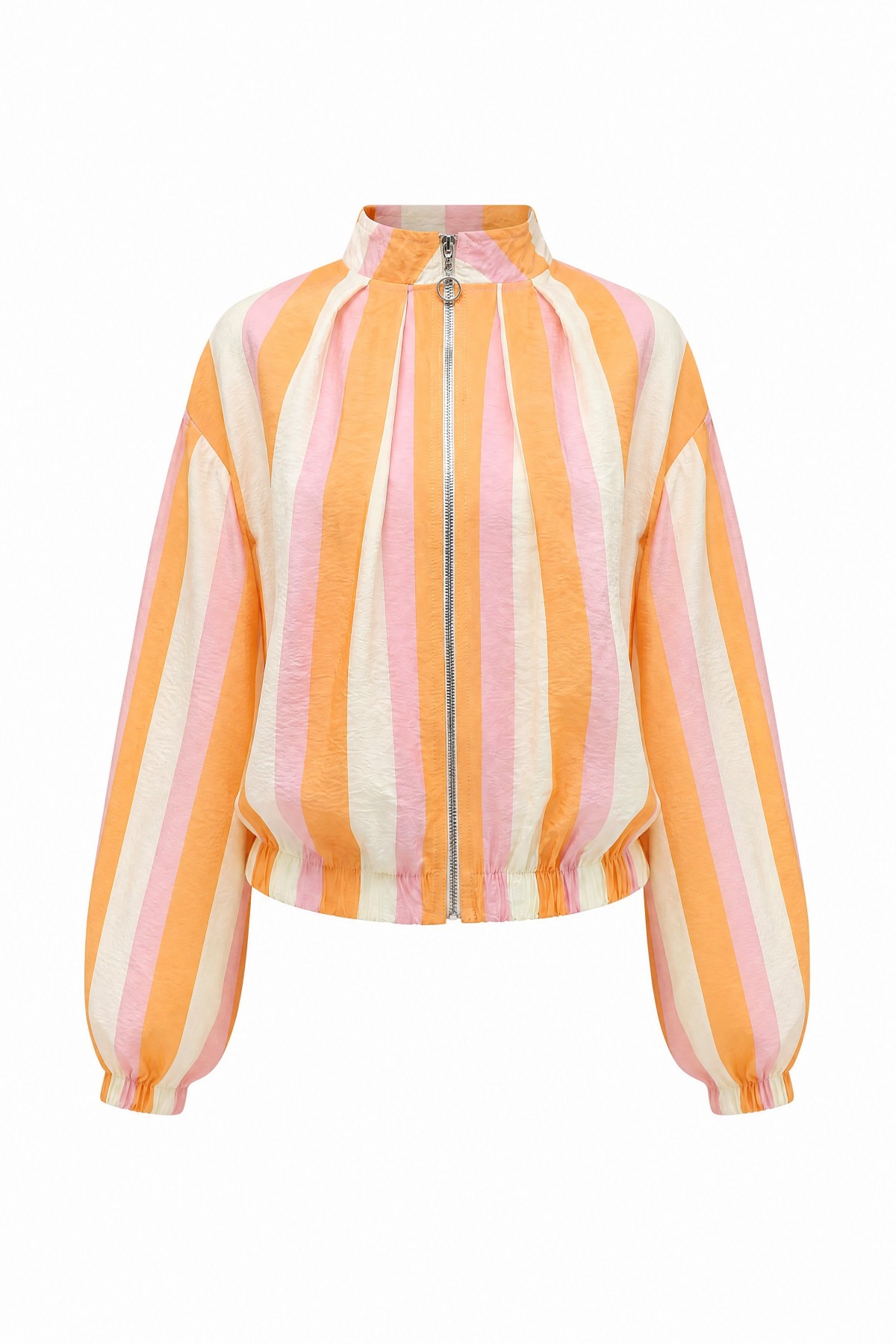 Patterned Summer Jacket with Elasticated Cuffs and Waist, Pockets and Zipper Closure -Orange