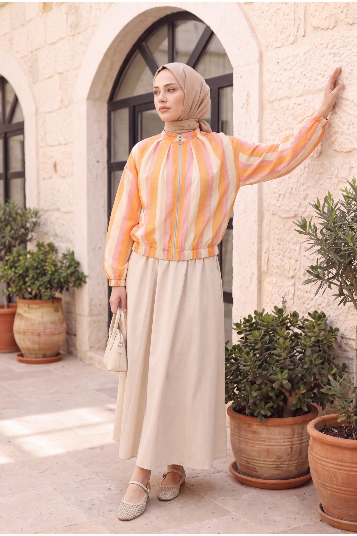 Patterned Summer Jacket with Elasticated Cuffs and Waist, Pockets and Zipper Closure -Orange