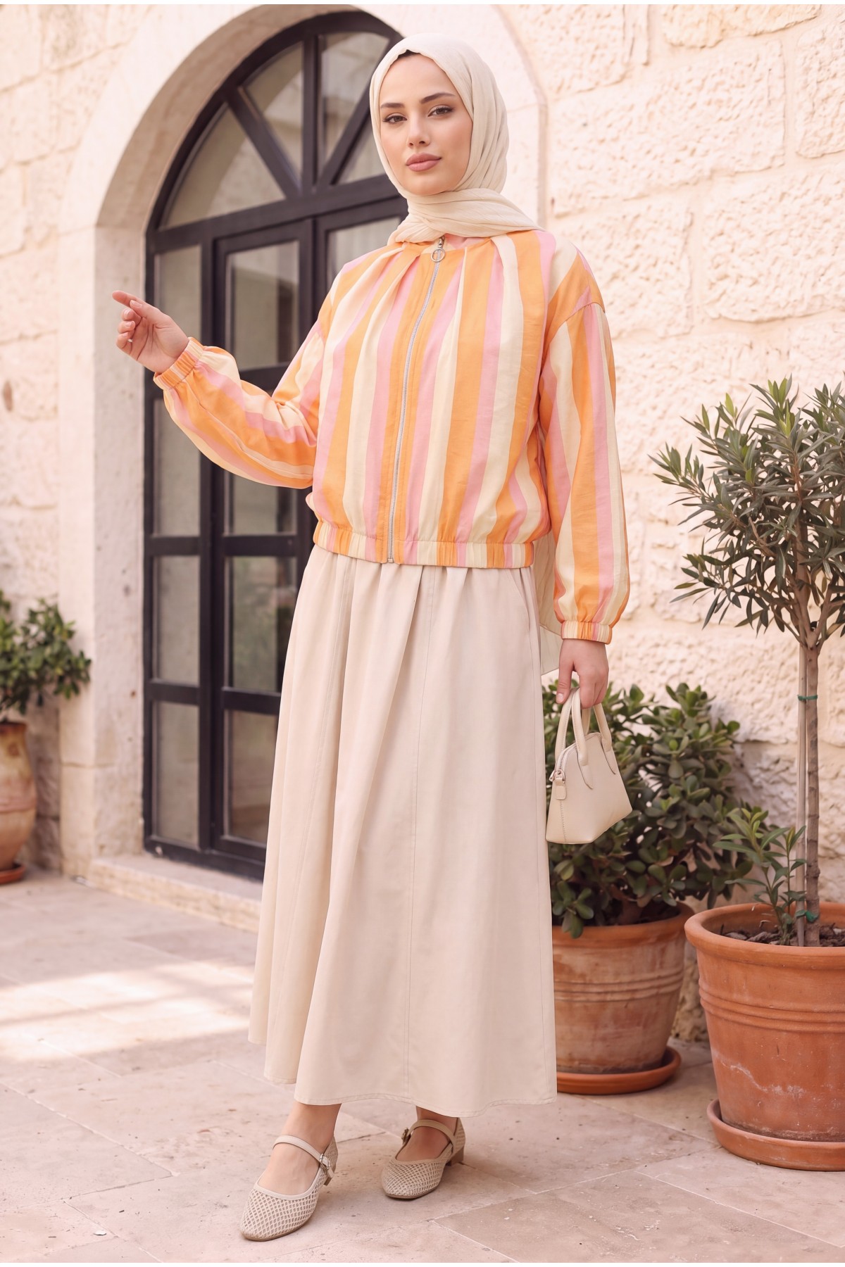 Patterned Summer Jacket with Elasticated Cuffs and Waist, Pockets and Zipper Closure -Orange