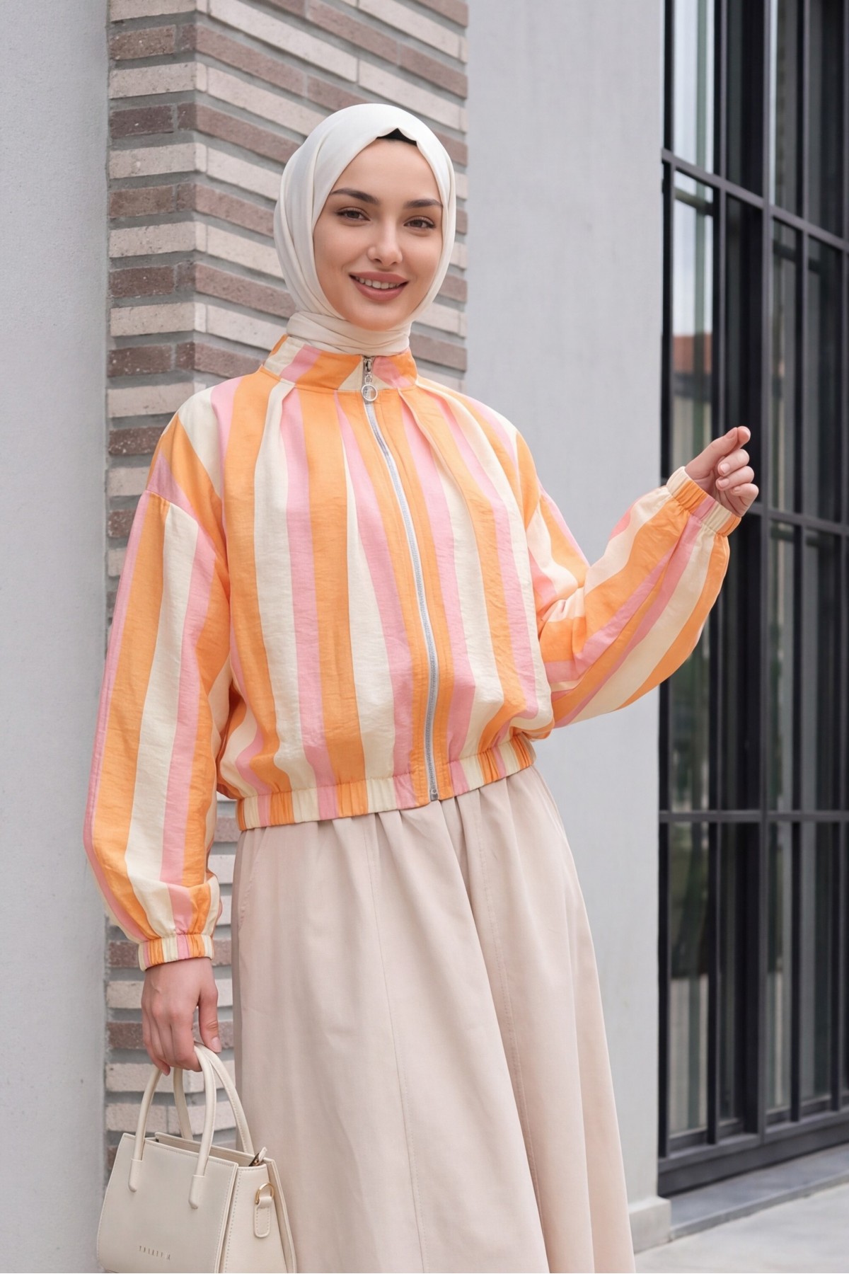 Patterned Summer Jacket with Elasticated Cuffs and Waist, Pockets and Zipper Closure -Orange