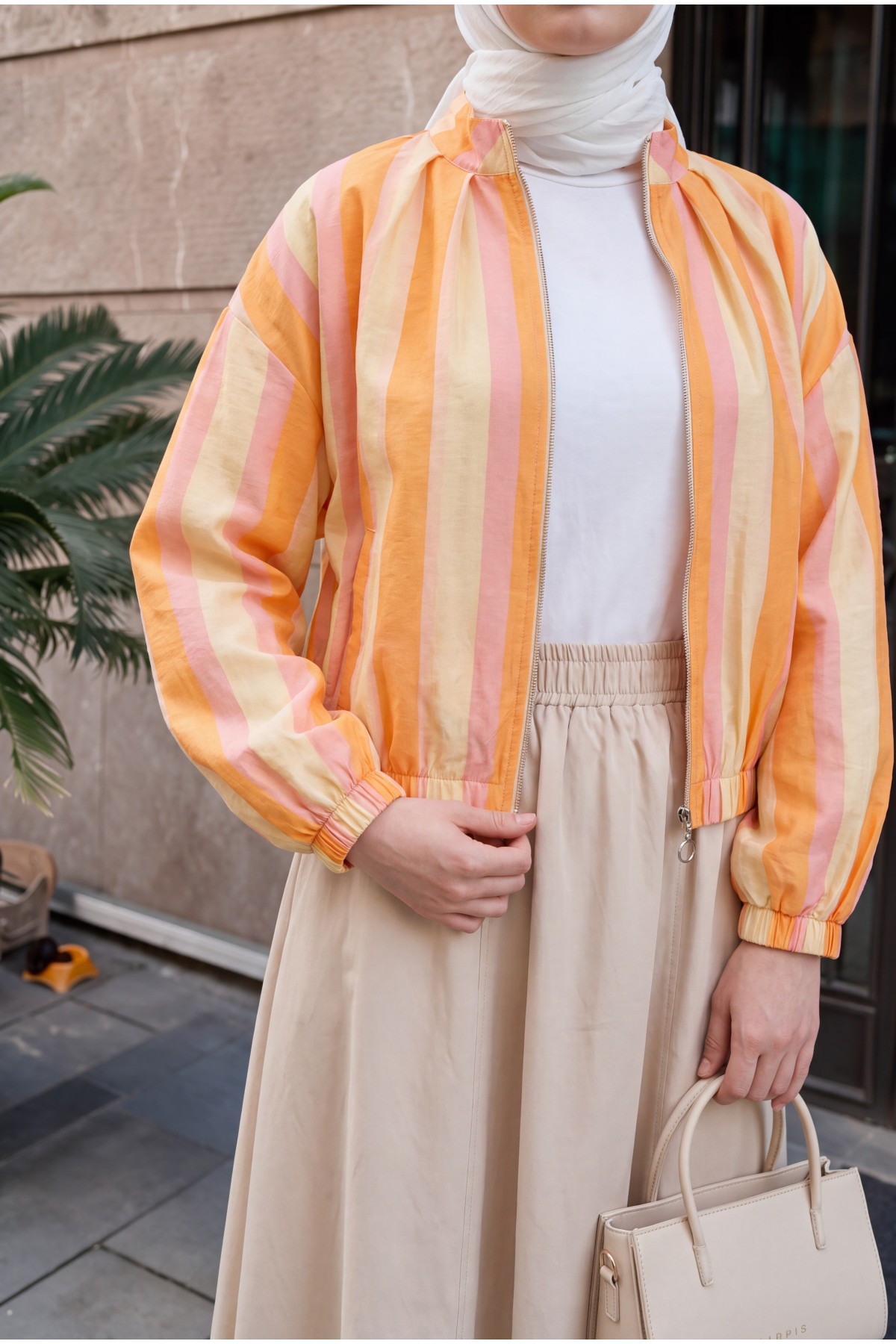 Patterned Summer Jacket with Elasticated Cuffs and Waist, Pockets and Zipper Closure -Orange