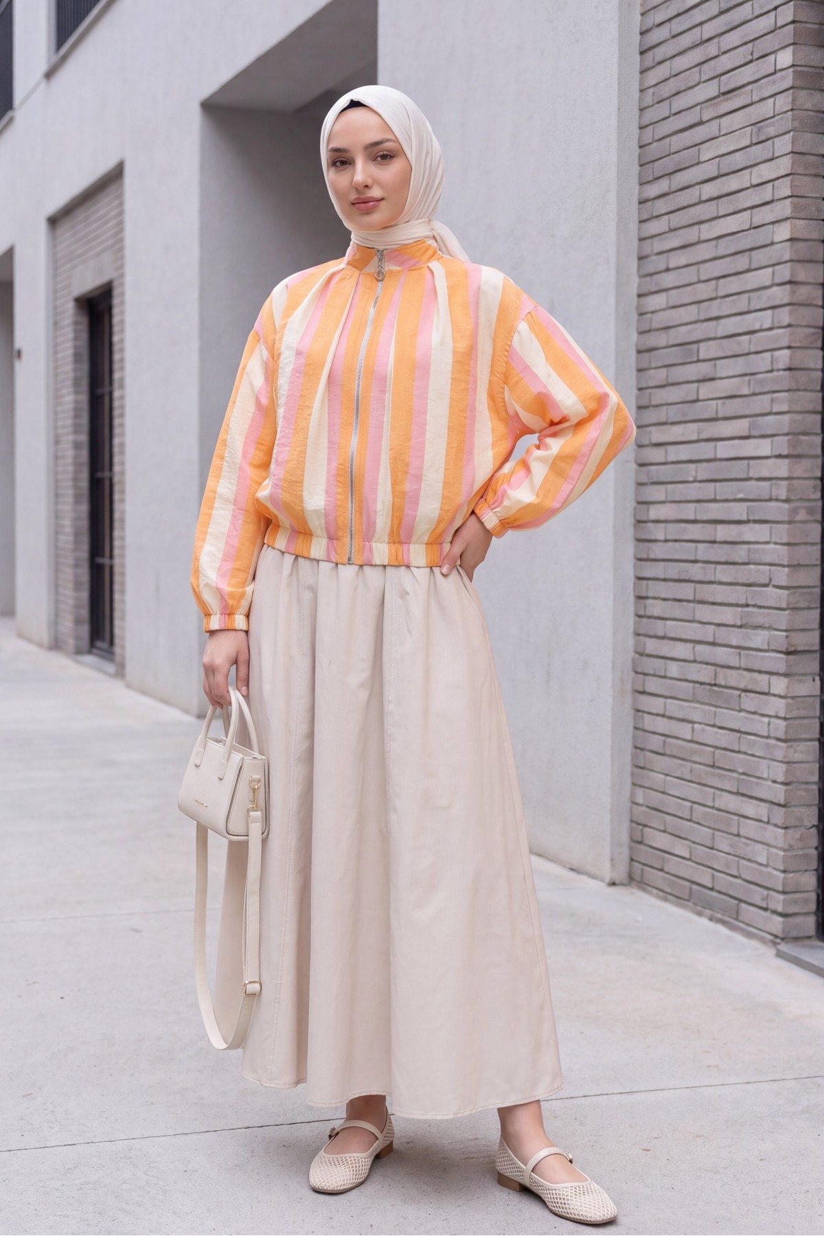 Patterned Summer Jacket with Elasticated Cuffs and Waist, Pockets and Zipper Closure -Orange