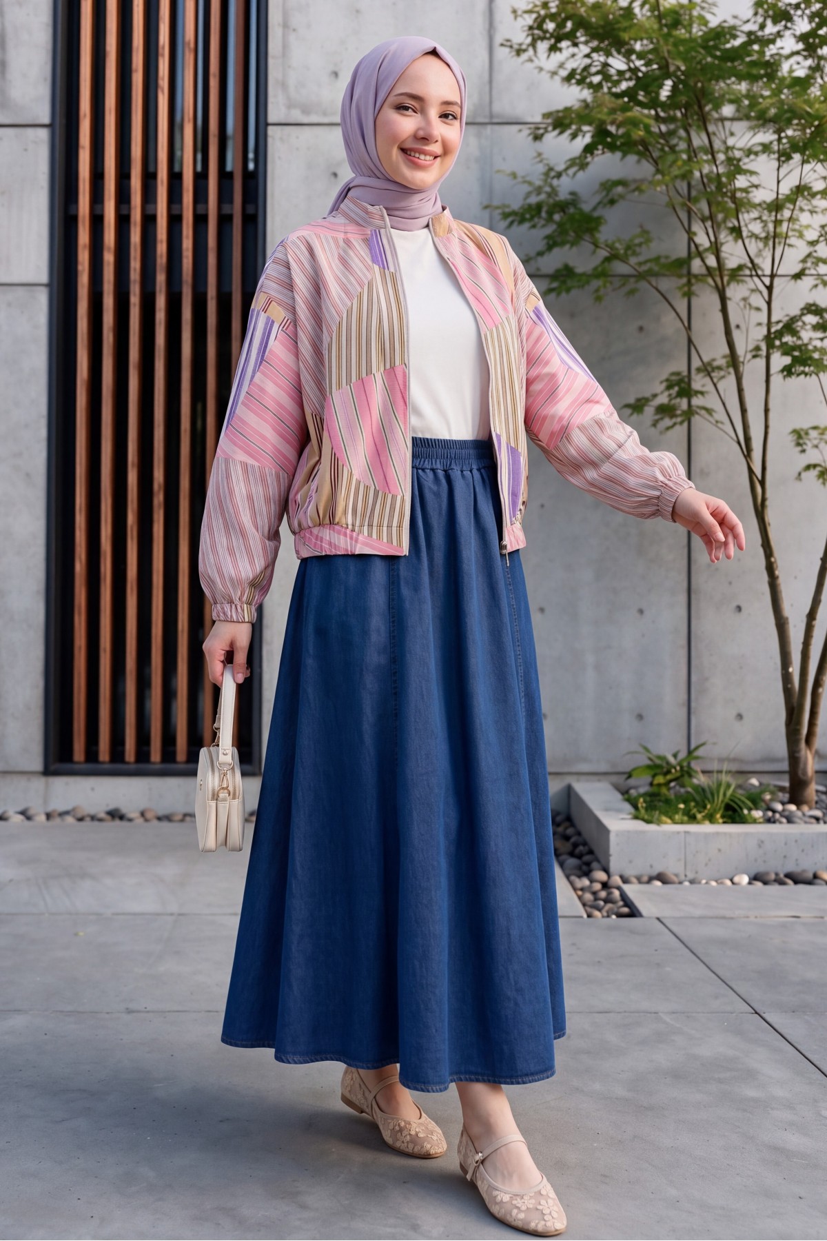 Patterned Summer Jacket with Elasticated Cuffs and Waist, Pockets and Zipper Closure -Pink