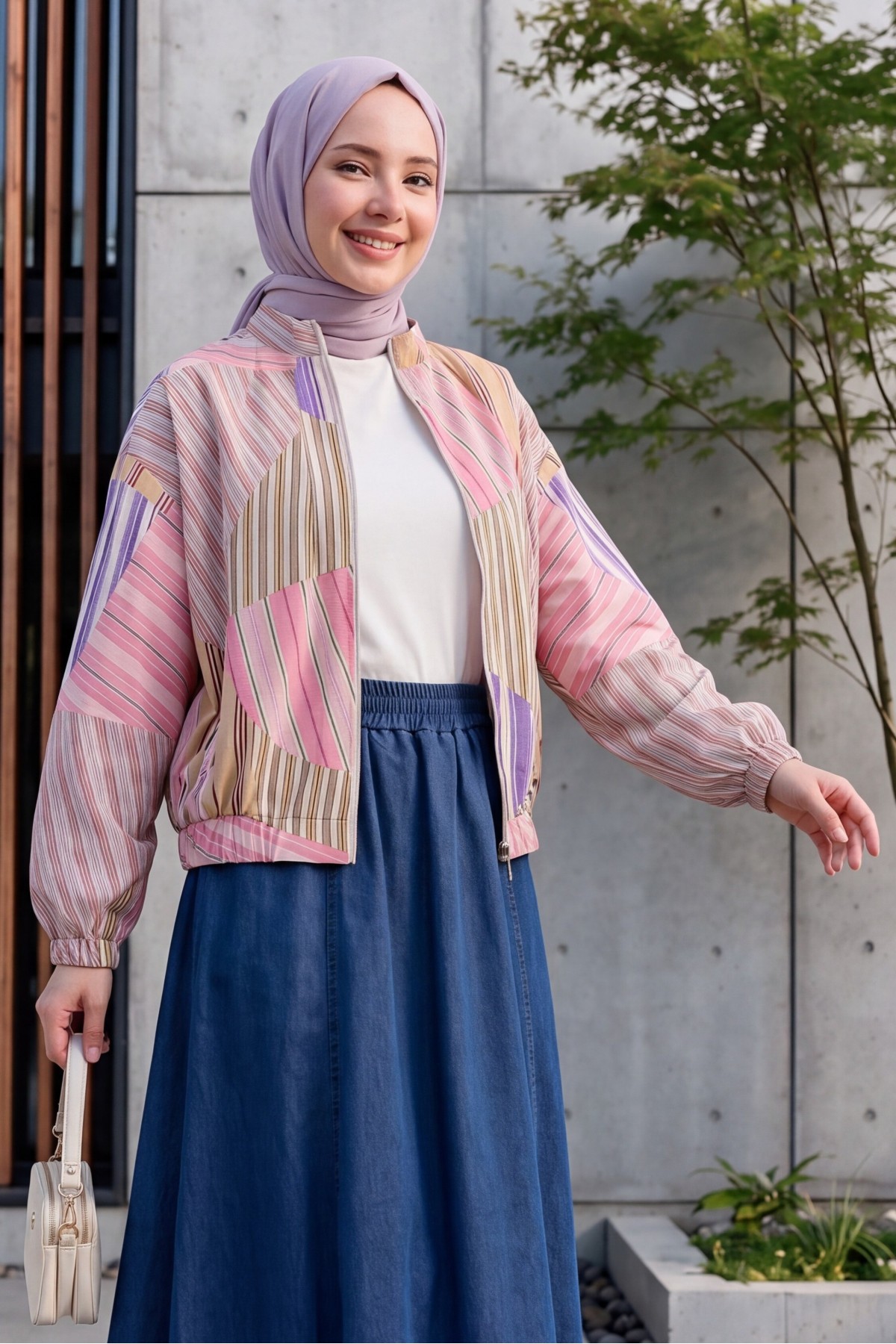 Patterned Summer Jacket with Elasticated Cuffs and Waist, Pockets and Zipper Closure -Pink