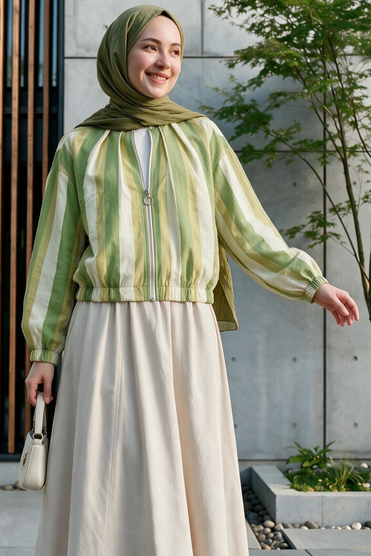Patterned Summer Jacket with Elasticated Cuffs and Waist, Pockets and Zipper Closure -Oil Green