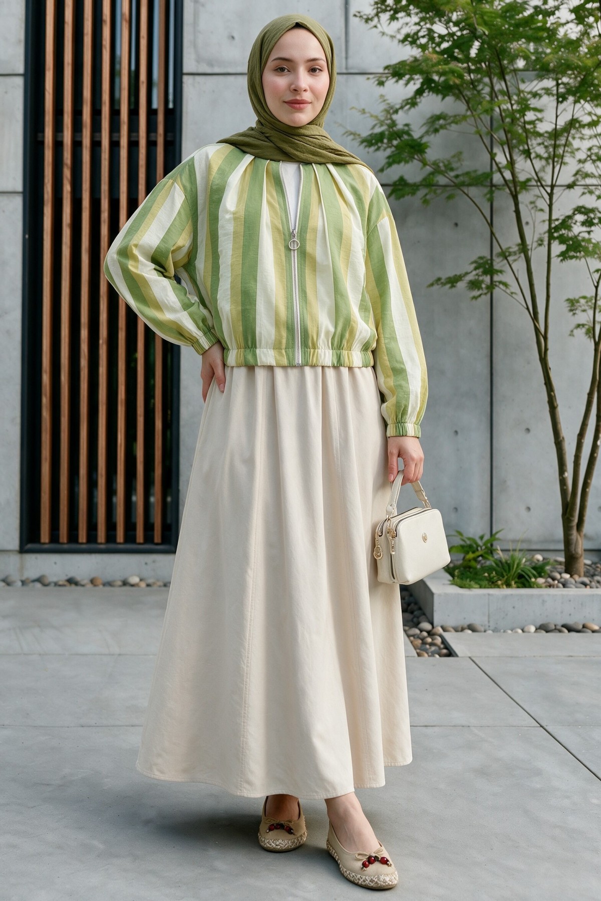 Patterned Summer Jacket with Elasticated Cuffs and Waist, Pockets and Zipper Closure -Oil Green
