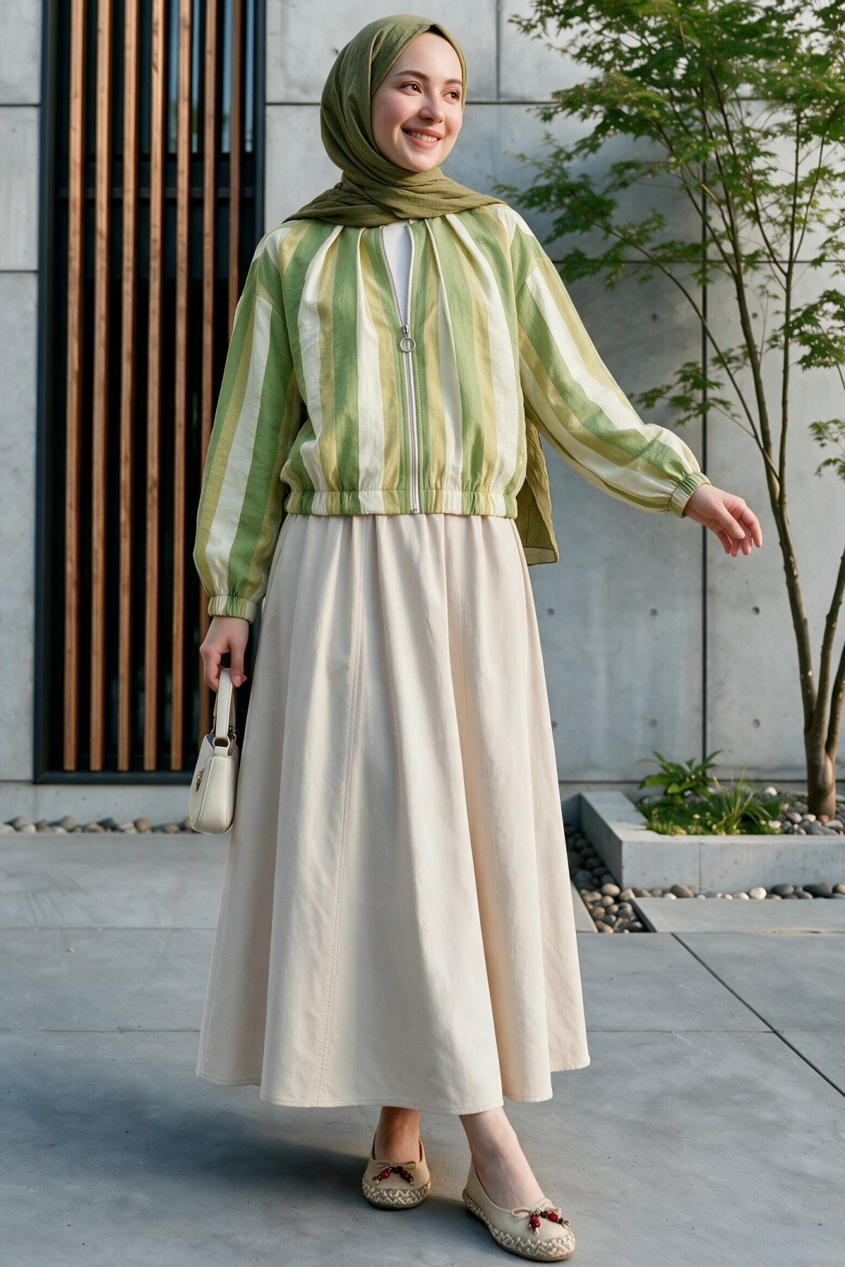 Patterned Summer Jacket with Elasticated Cuffs and Waist, Pockets and Zipper Closure -Oil Green