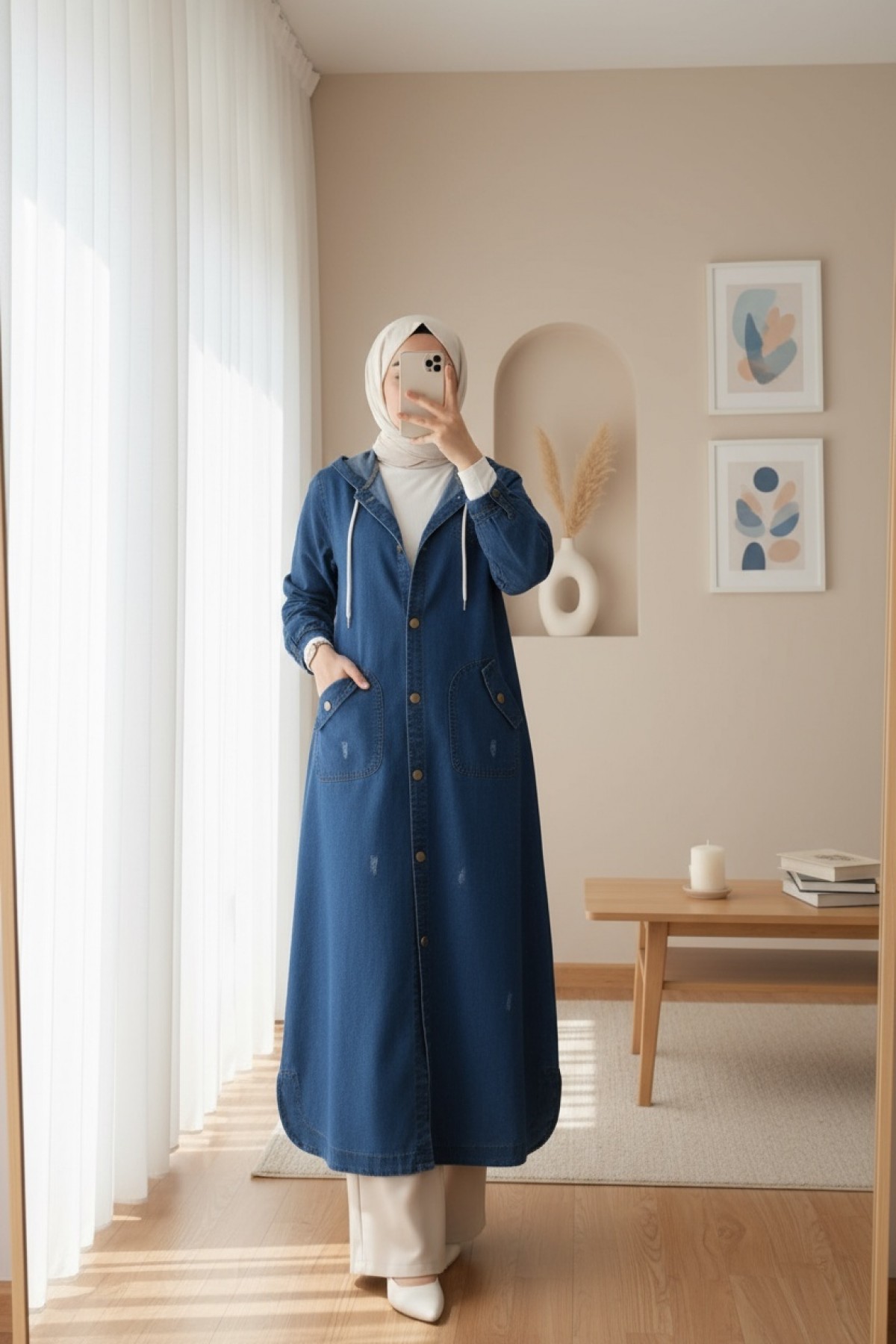  Fold Pocket Denim Cape -Navy blue