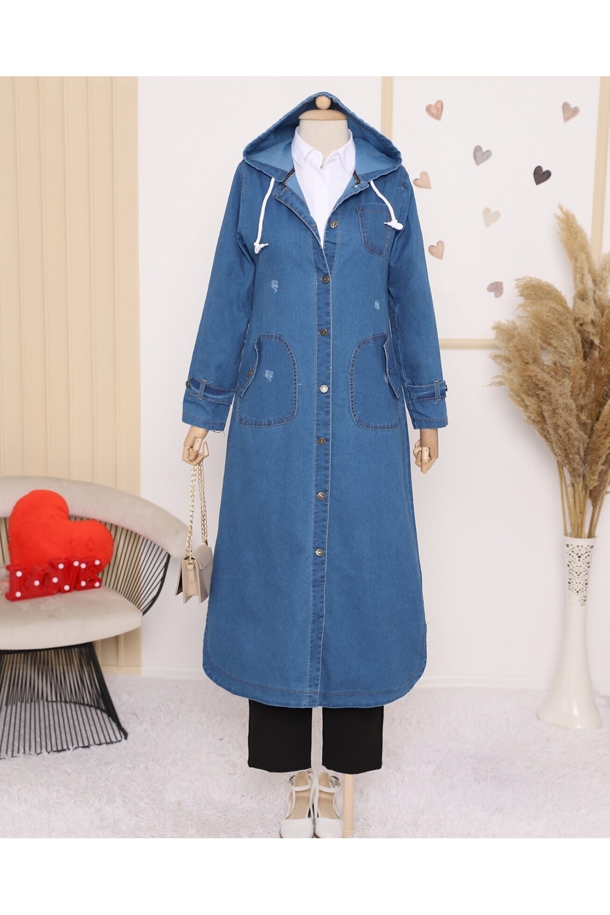  Fold Pocket Denim Cape -Navy blue