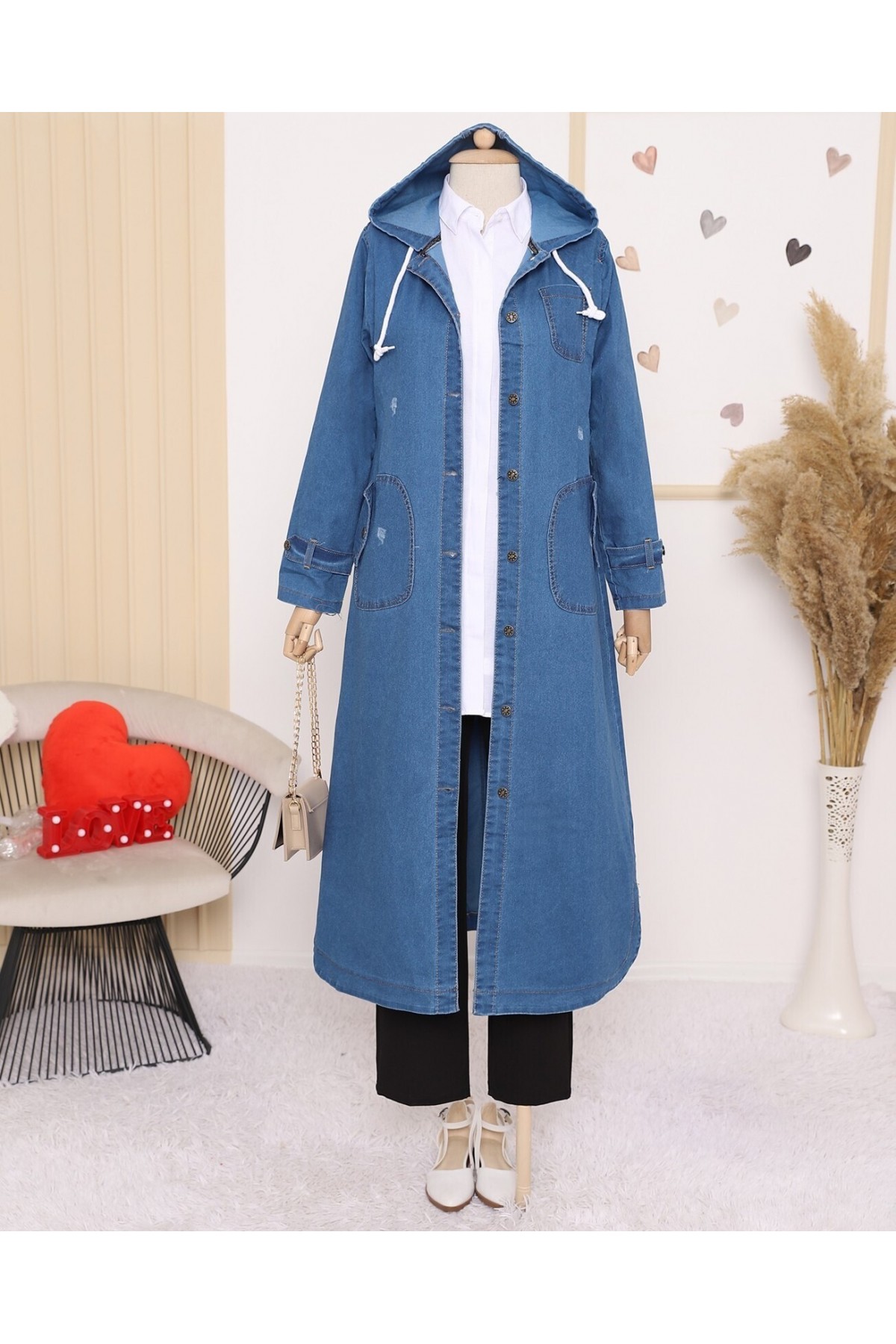  Fold Pocket Denim Cape -Navy blue
