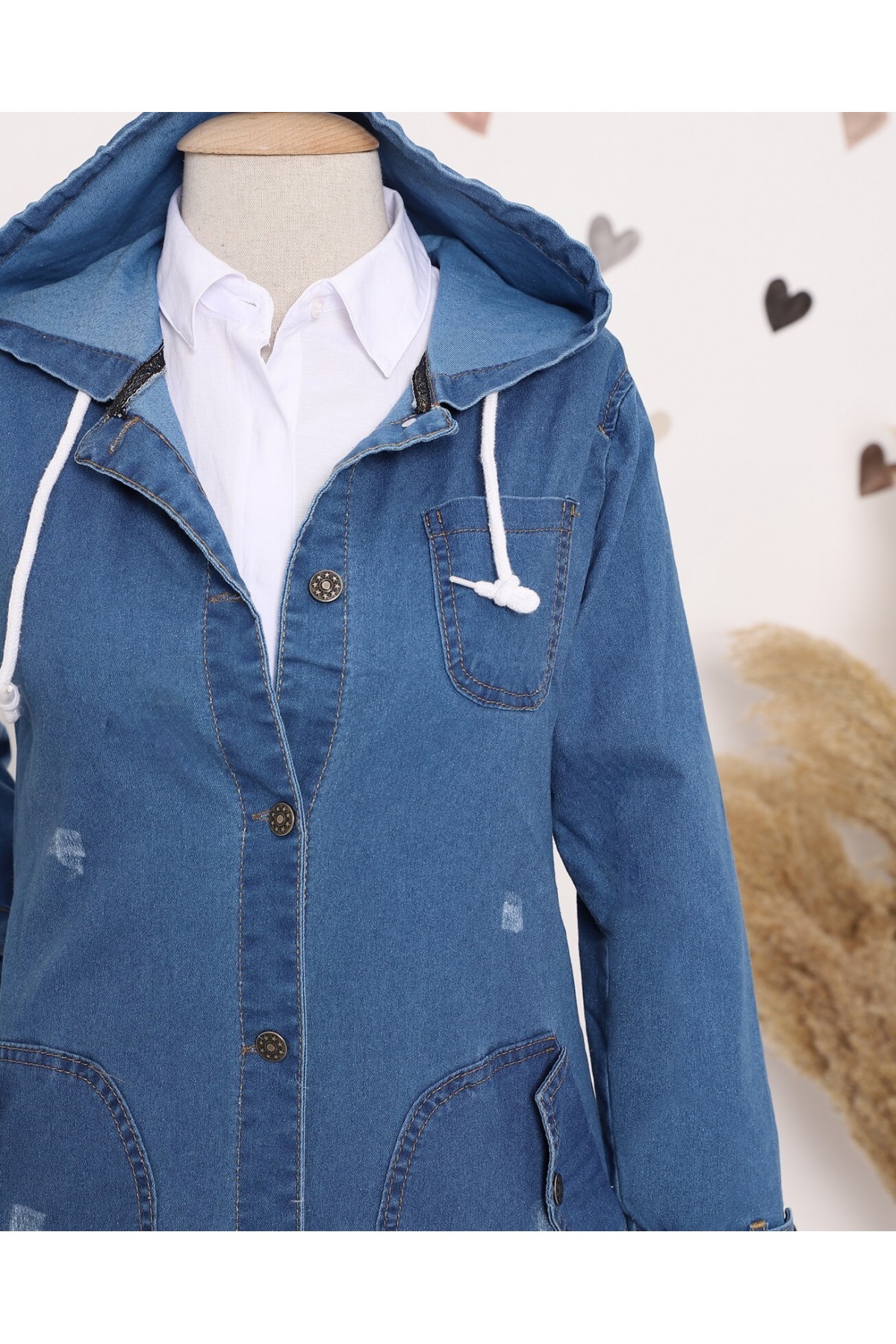  Fold Pocket Denim Cape -Navy blue